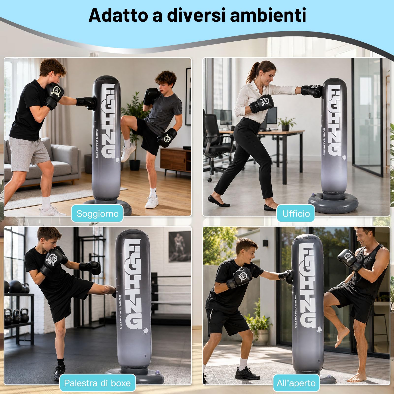 CYFIE Sacco da boxe gonfiabile con guanti da boxe e pompa, 150 cm, sacco da boxe autoportante, attrezzatura per allenamento MMA Muay Thai Fitness