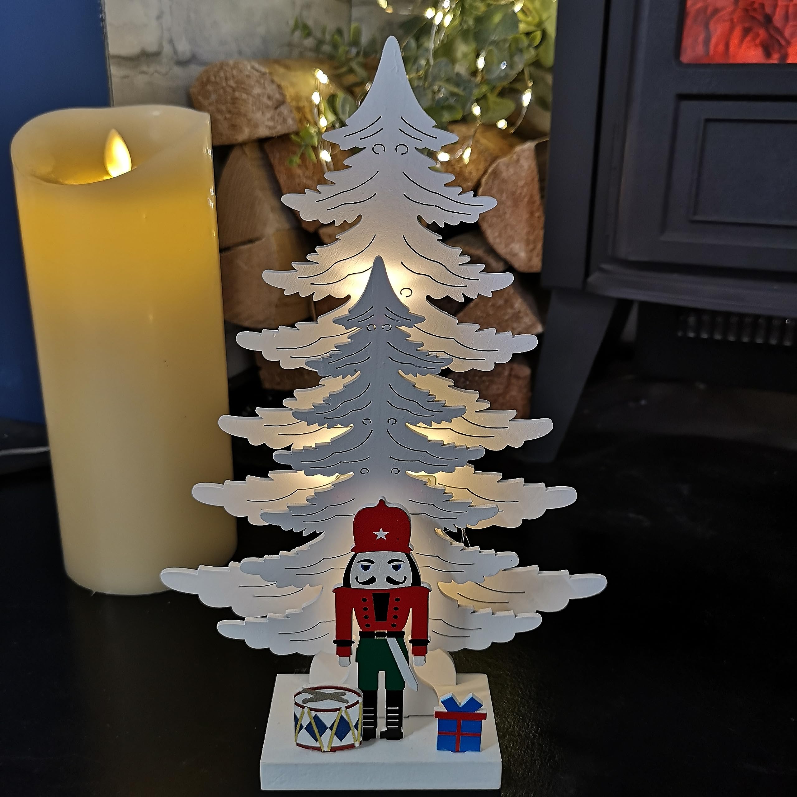 Samuel ALEXANDER 25cm LED Battery Operated Nutcracker with White Wooden Christmas Tree Scene