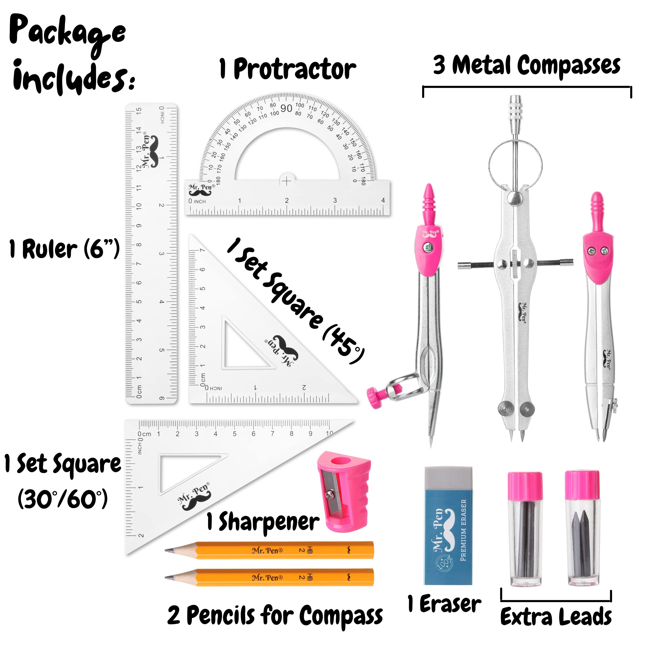 Mr. Pen Geometry Set, 13 pcs, Compass for Geometry, Protractor Set
