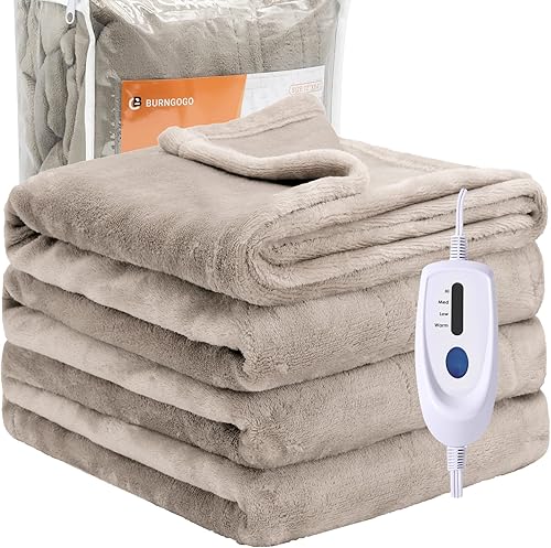 burngogo Manta térmica de 72 x 84 pulgadas con certificación FCC ETL manta eléctrica de calentamiento rápido tamaño matrimonial 4 ajustes de calor
