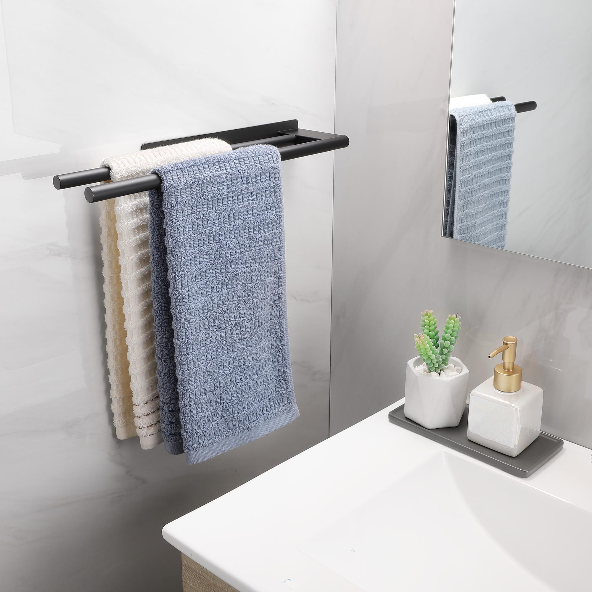 Porte-serviettes de bain autocollant, double porte-serviettes adhésif pour salle de bain murale, porte-serviettes de cuisine en acier inoxydable, noir