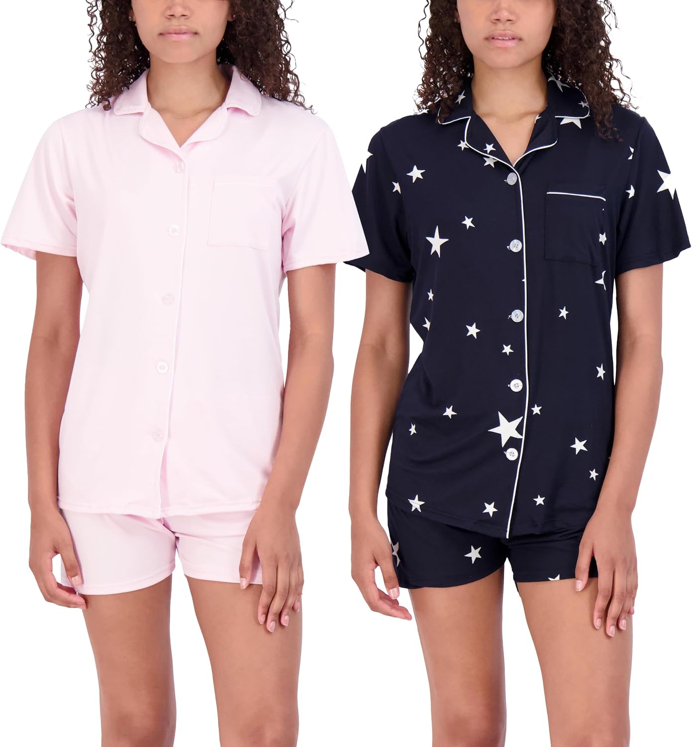 Real Essentials 2 Pack: Women's Pajamas Set Button Down Shorts Soft Matching Sleepwear (Available In Plus)