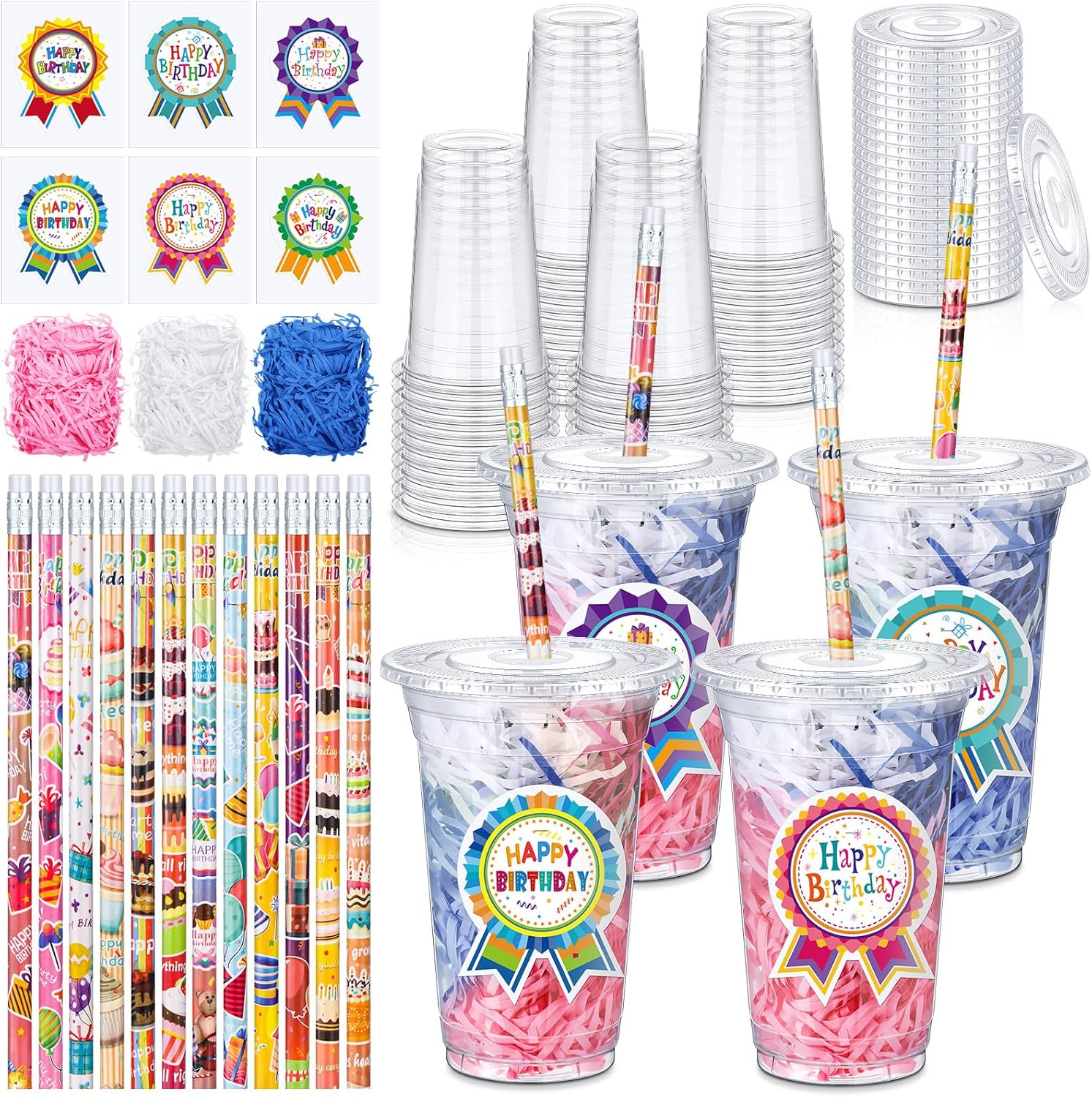 Qinyoung 24 Set Classroom Birthday Gift for Student Happy Birthday Gifts from Teacher Return Gifts Disposable Plastic Cup with Lid Colorful Pencil Sticker Raffia for Reward Kids Prize(Reward)