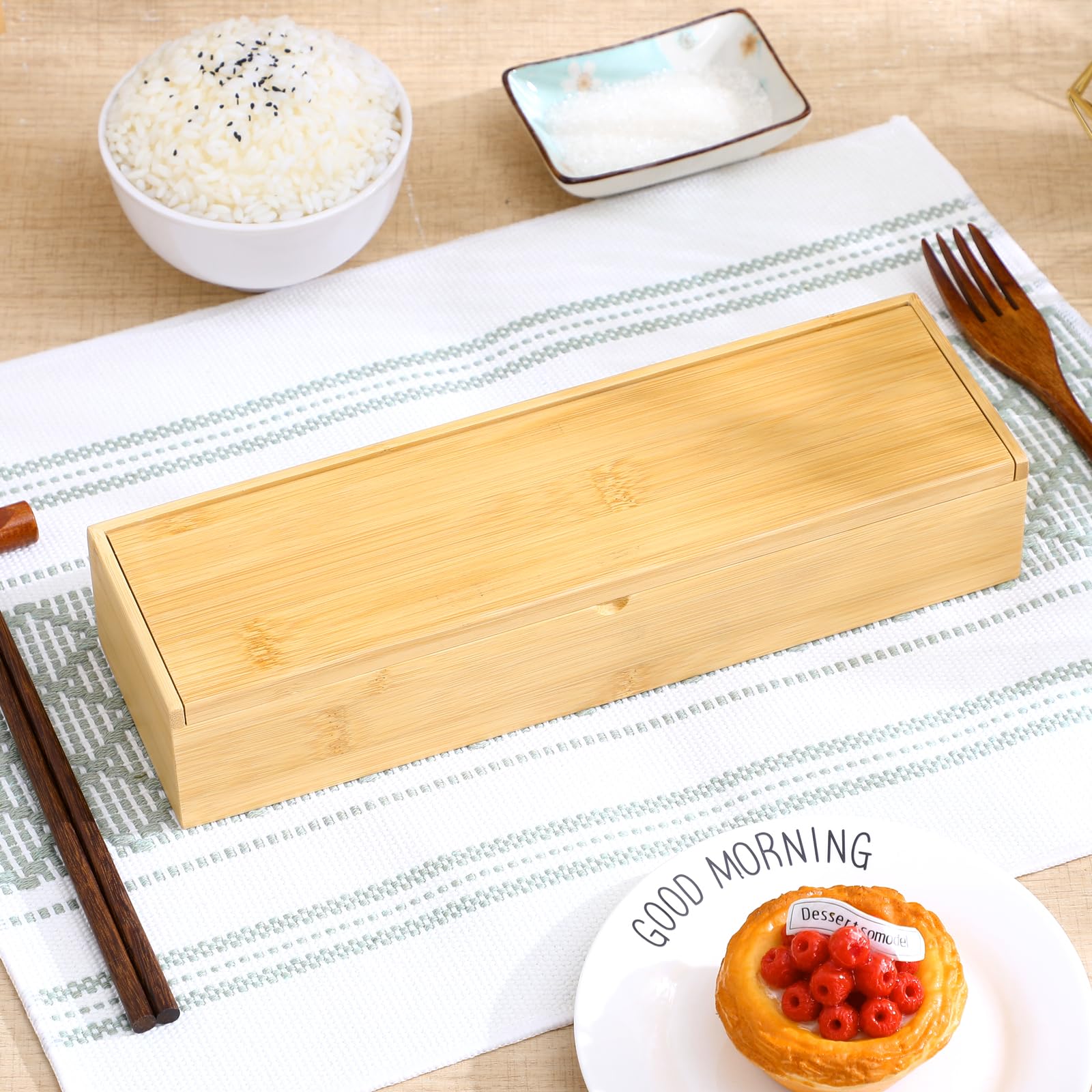 Sewroro Organizador de Cubiertos de Bambú Rectangular para Cocina y Restaurante, Caja Multifuncional Drenaje Conveniente y Diseño Ahorrador de Espacio