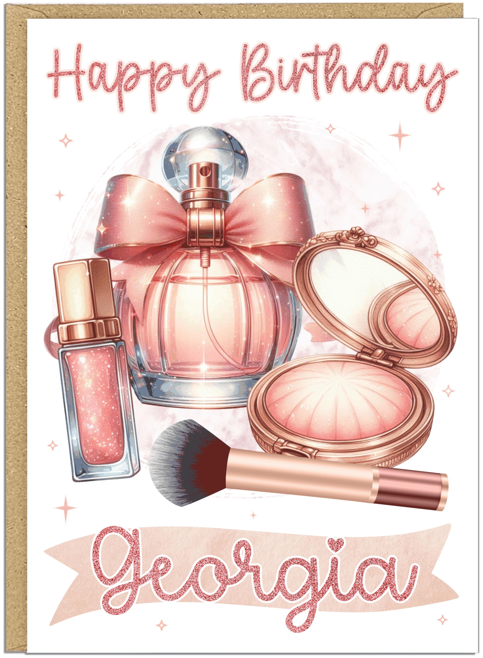 Personalised Happy Birthday Card for Her - Customised Name Banner - Glamorous Makeup Perfume Beauty Design - 8 Colours Gold Pink Rose Gold Teal - Girls Birthday Cards, Rose Gold