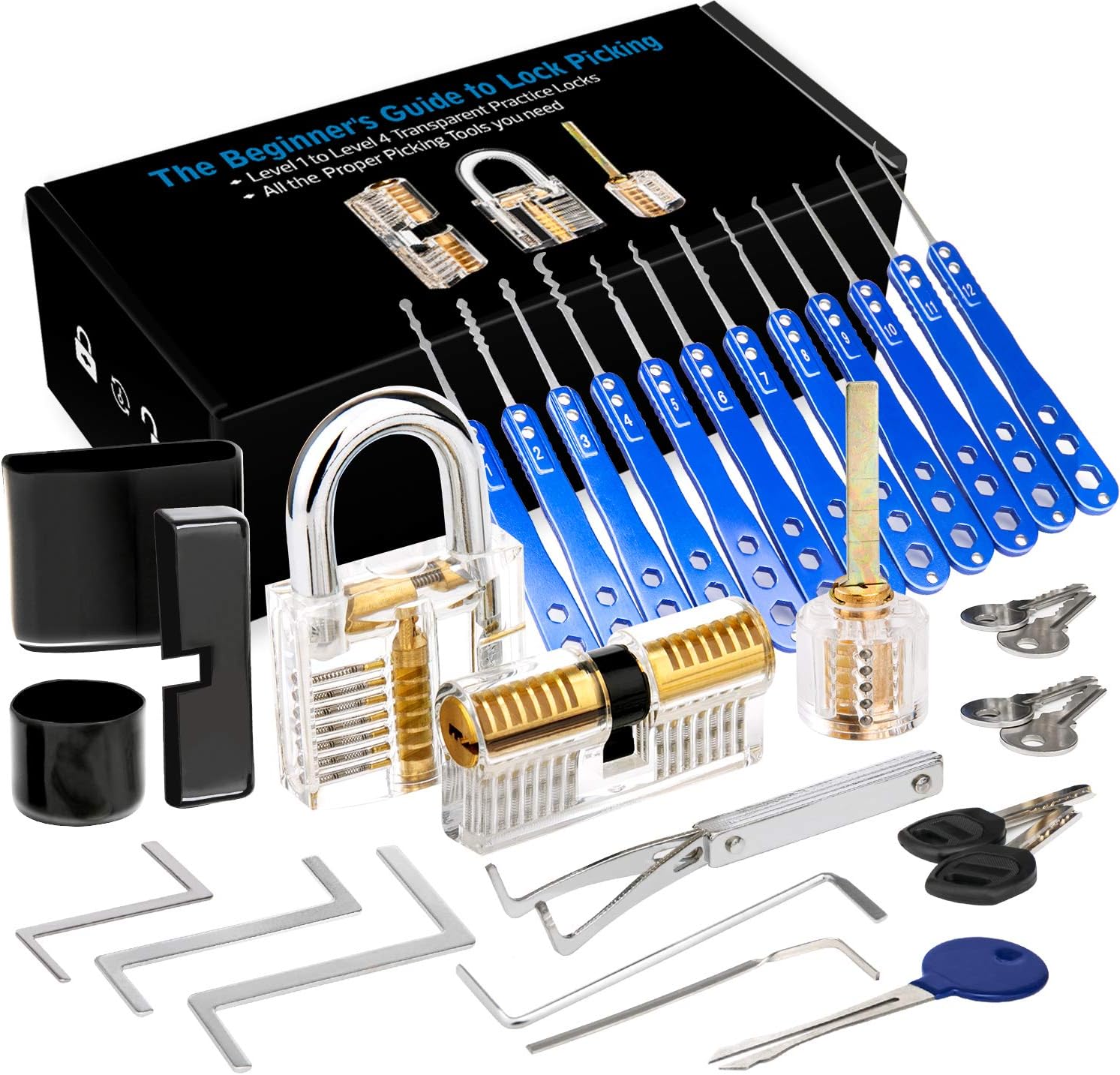 Luxebell Lock Picking, 33 Pieces Lock Pick Set with 3 Transparent Padlocks Provide 4 Training Levels for Beginner and Locksmith Training