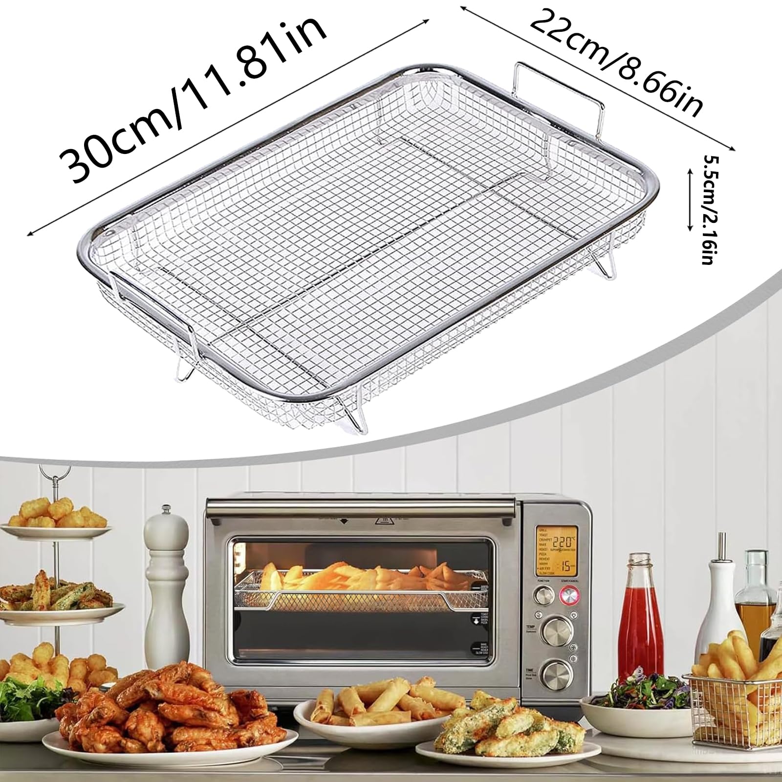 Backofen Gitter, Edelstahl Grillkorb mit Griff, Metall Ofen Grill, Multifunktion Grillgitter BBQ, Pommes Gitter für fettarmes Heißluft-Garen, Backen,Grillen im Ofen oder Grill