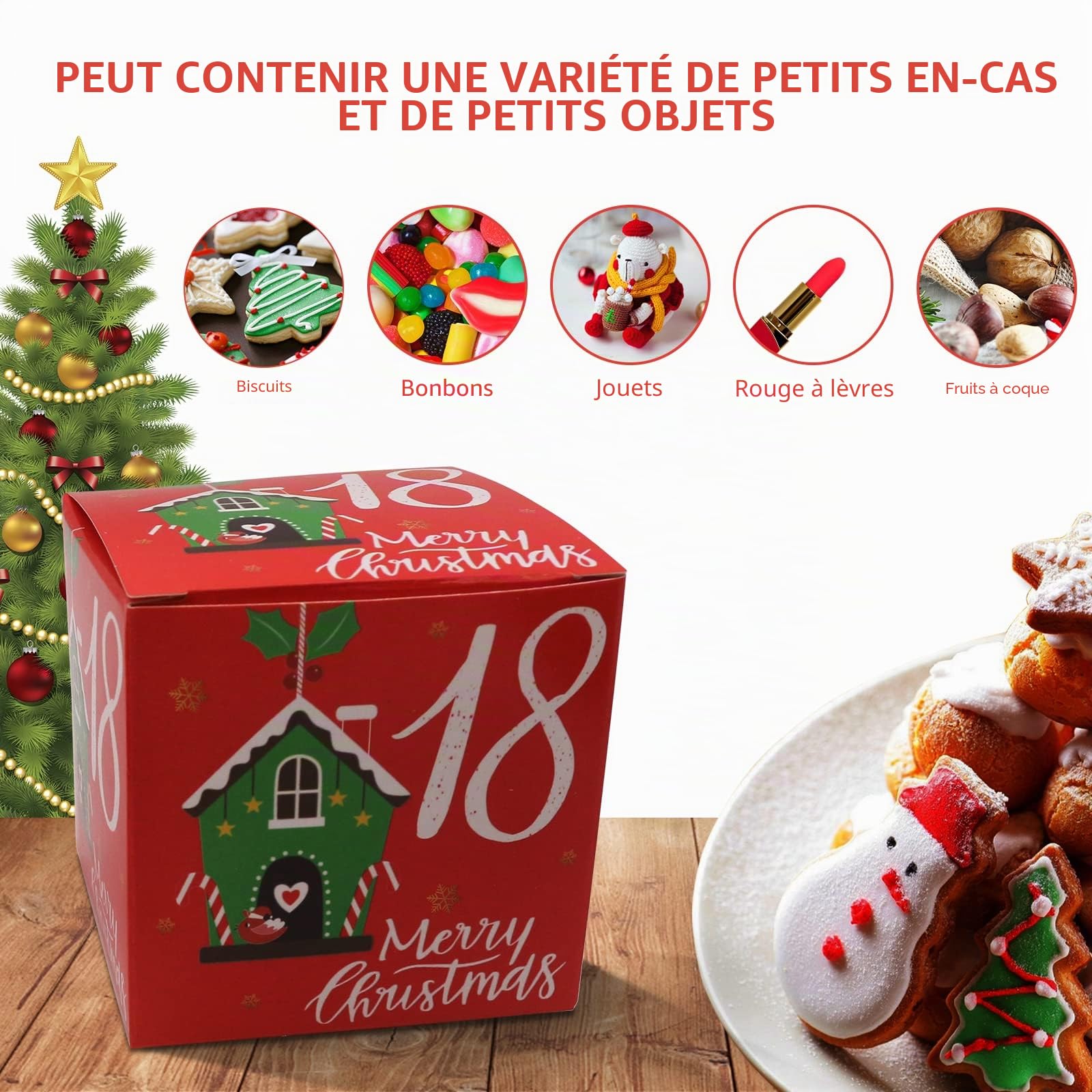 Calendrier de l'avent 2025 24 caisses, pochettes cadeaux pour calendrier de l'avent 7 x 7 x 7 cm pour Cadeau Noël Biscuits Chocolat Bonbons Jouets (Boîte)