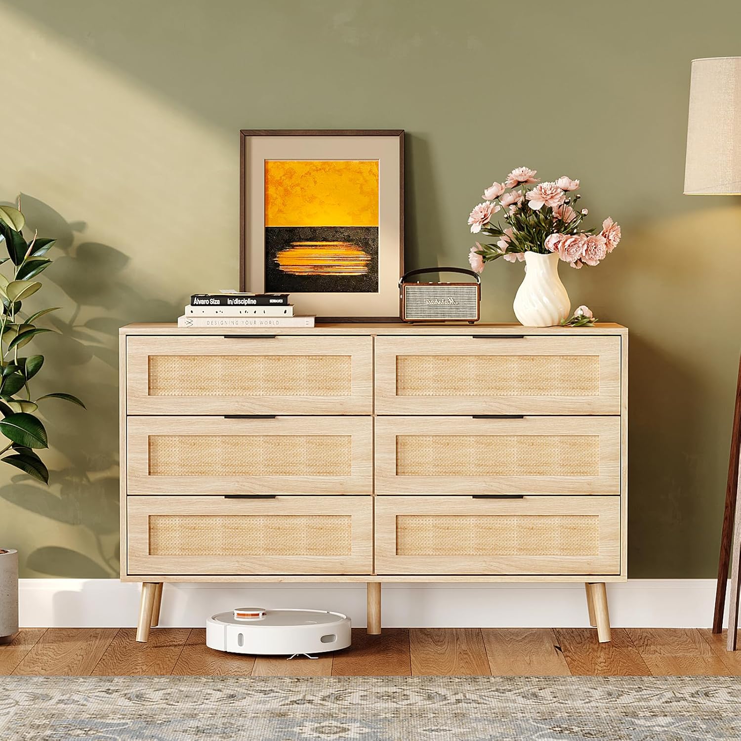 VINGIL 6 Drawer Rattan Dresser, Boho Chest of Dressers, Modern Wooden Dresser with Ample Storage, Rattan Chest of Drawers for Bedroom, Oak