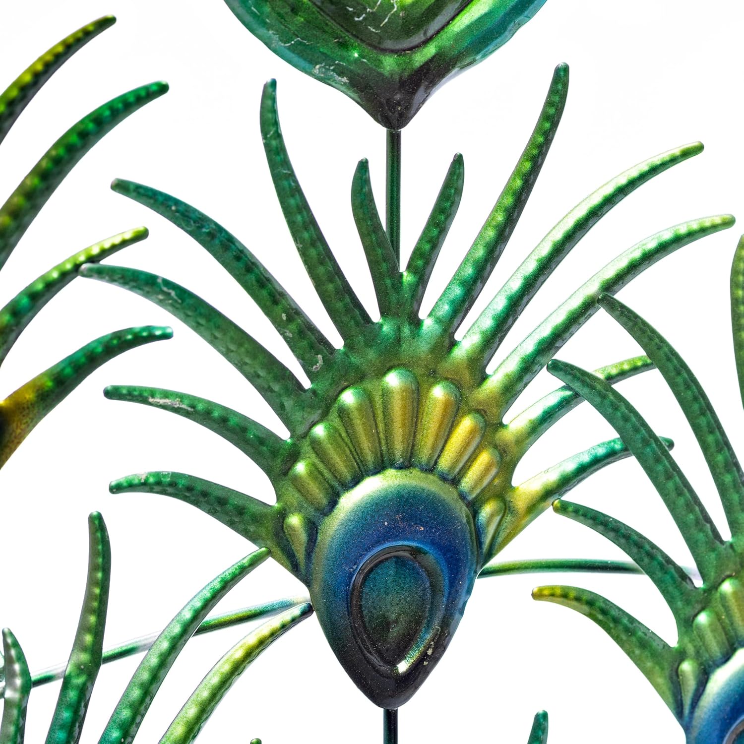 Wind & Weather 36-Inch Tall Colorful Indoor/Outdoor Standing Metal Peacock Sculpture with Delicate Body Feathers and a 46-Inch Wide Tail Plumage Spread