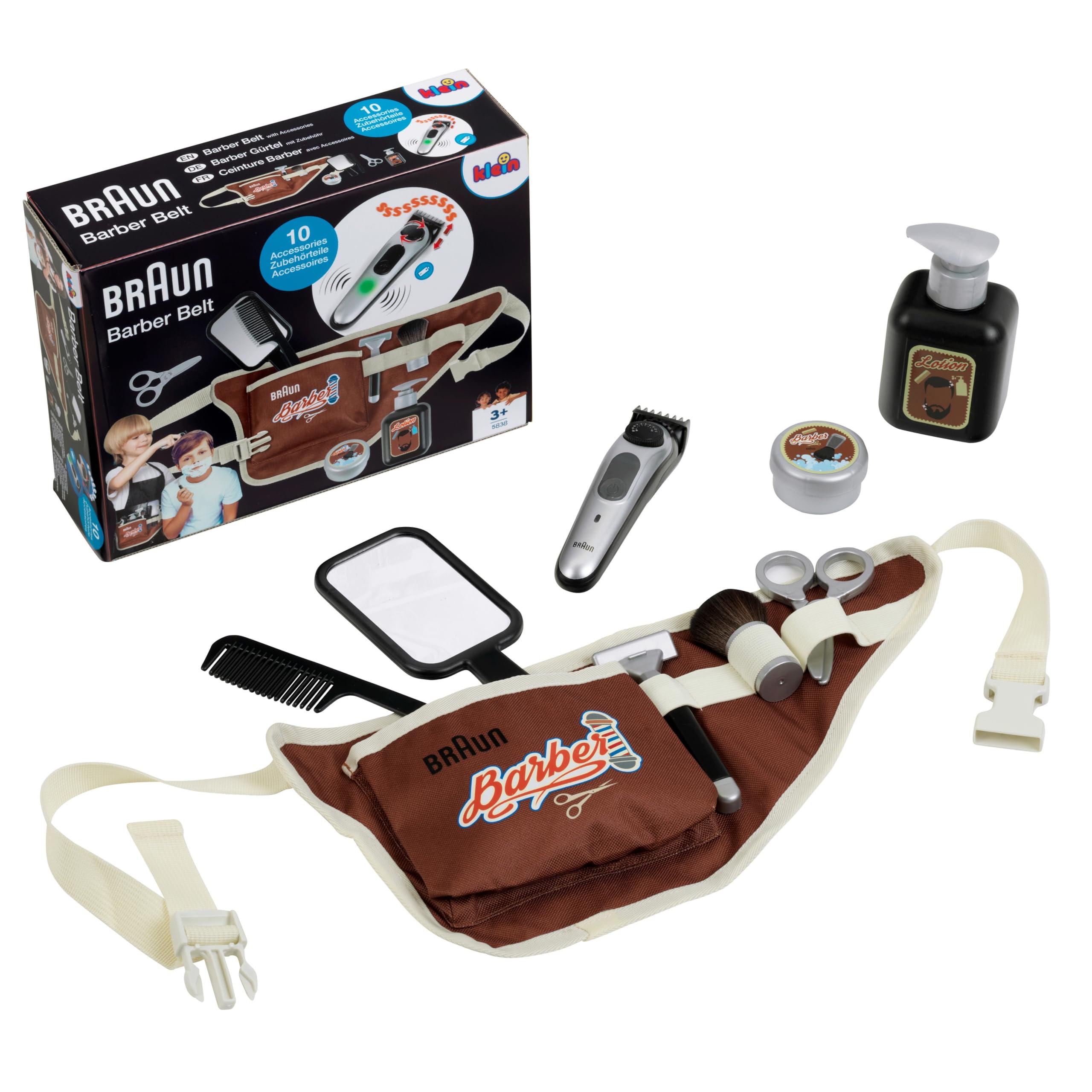 Theo Klein 5838 Braun Set de barbería I Riñonera con múltiples Utensilios de barbería I Afeitadora eléctrica de Juguete I Juguete para niños a Partir de 3 años