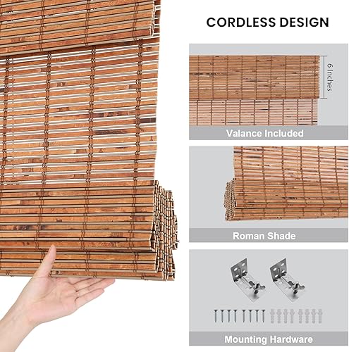 Miniatura 4 de Windowlady Persianas romanas de bambú, persianas de madera tejidas a la medida, sin cordón, cortinas de bambú natural para puertas y ventanas