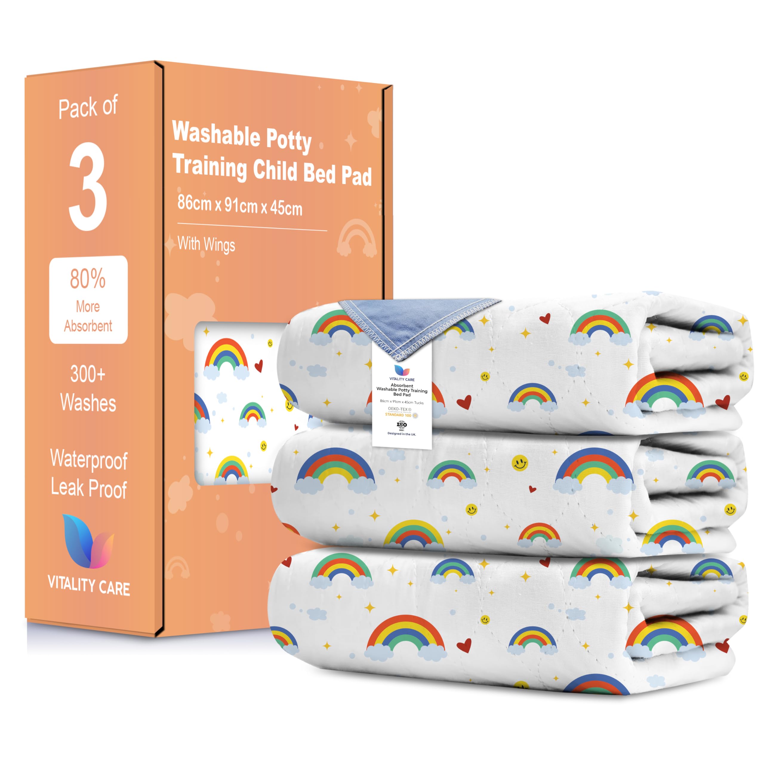 Vitality Care Rainbow Potty Training Bed Pads, 100% Waterproof Bed Wetting Sheets For Single Toddler Beds, Non Slip, Machine Washable, 86 X 91 Cm, Design, Single