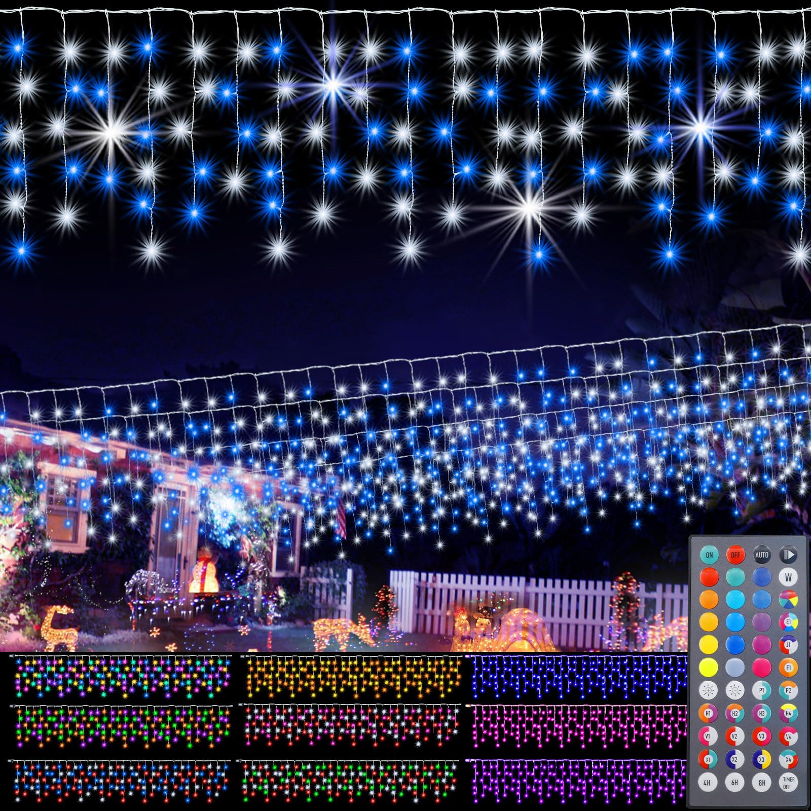 Pooqla Color Changing Christmas Icicle Lights with Remote, 35 Colors 9 Modes Christmas String Lights Outdoor, 240 LED 38.5 FT RGB Waterproof Hanging Lights for Roof Window Home Party Xmas Decor