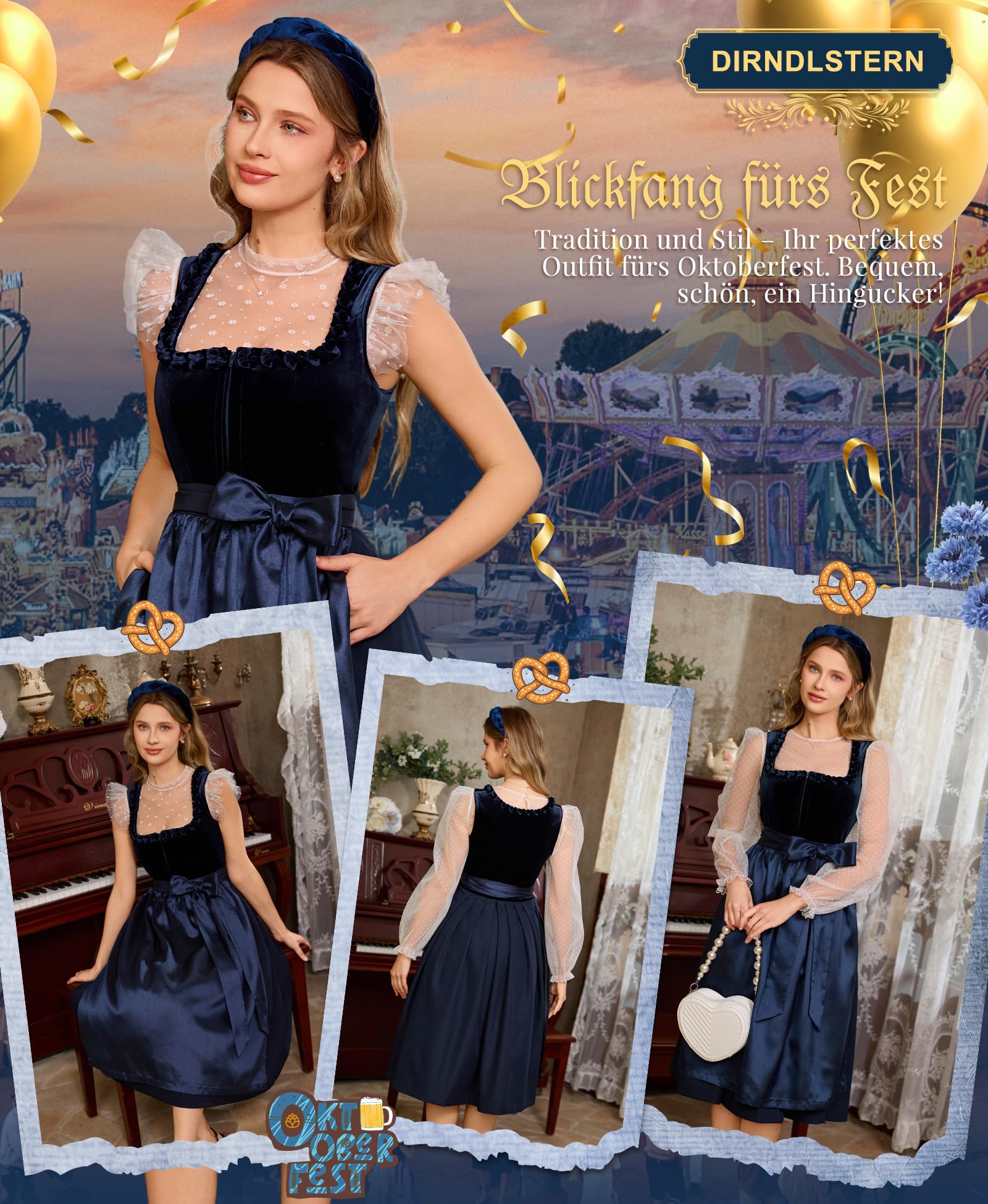 DIRNDLSTERN Damen Blau Samt - Dirndlkleid Midi 70cm mit Reißverschluss Oktoberfest Outfit