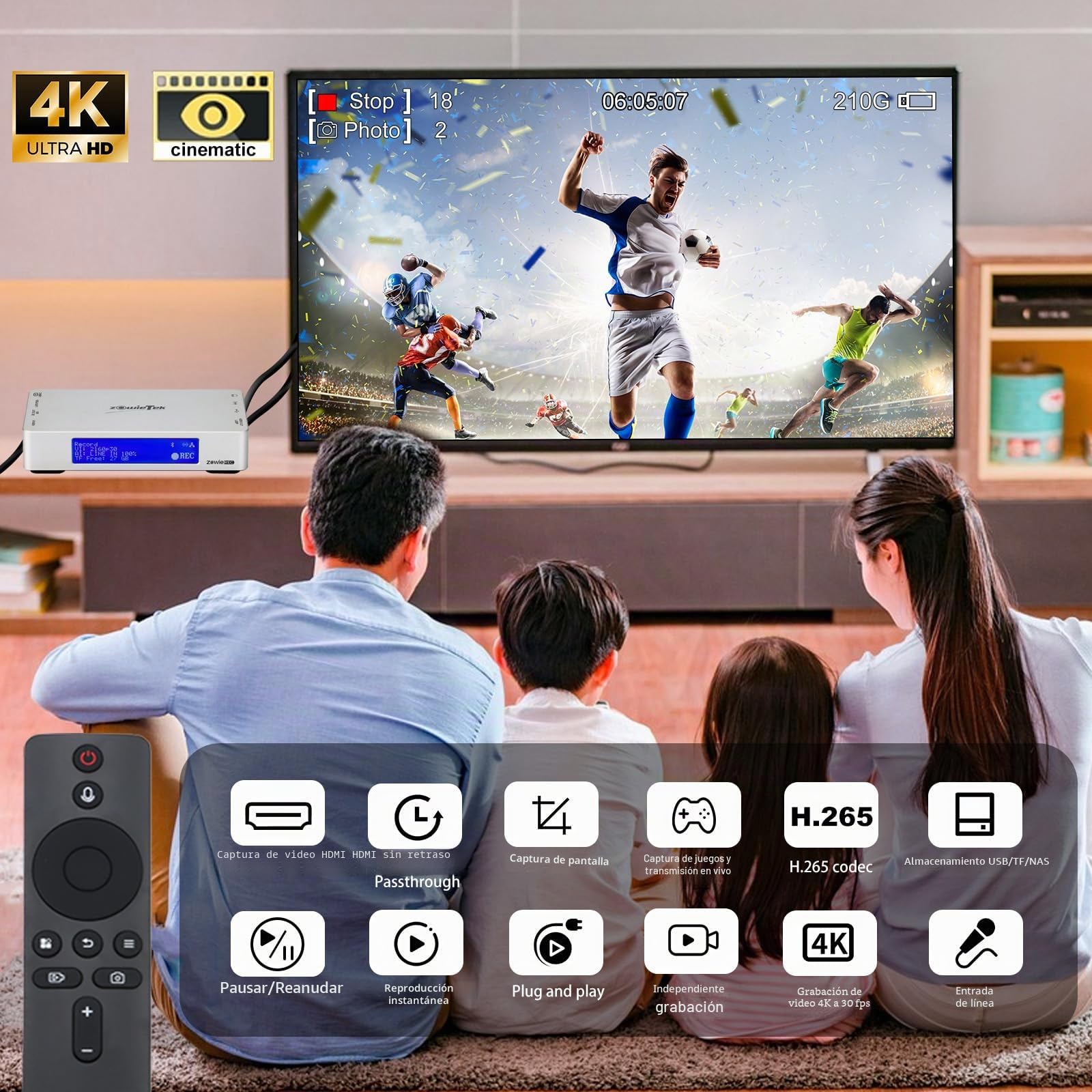 Grabador Vídeo HDMI 4K ZowieREC, Aluminio, sin PC | Grabador para cámaras, consolas, portátiles. Reproducción TV, grabación programada, pausa, TF y USB