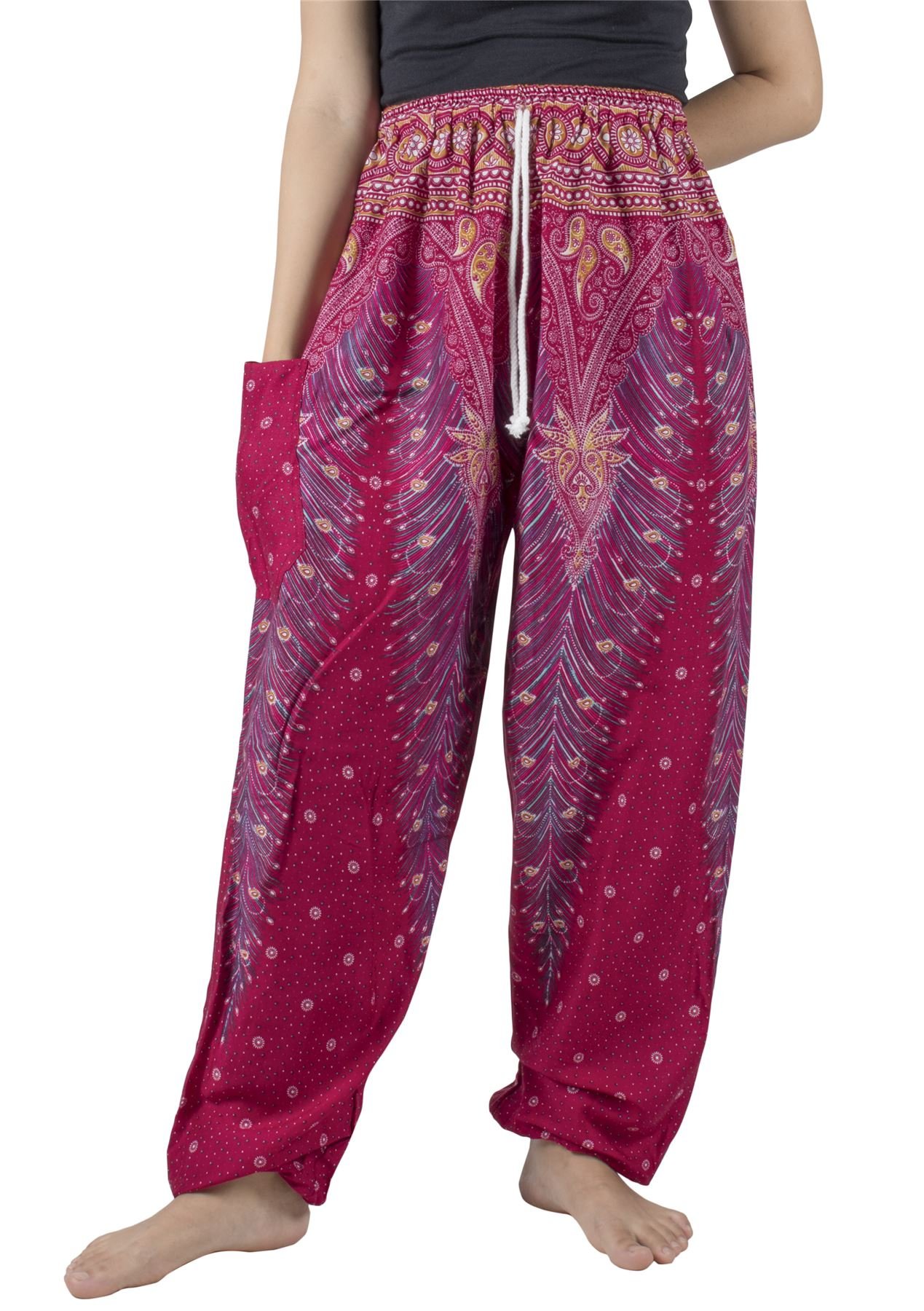 Lofbaz Women's Peacock 1 Burgundy & Gold Peacock 1 Drawstring Harem Boho Pants Burgundy & Gold 4XL