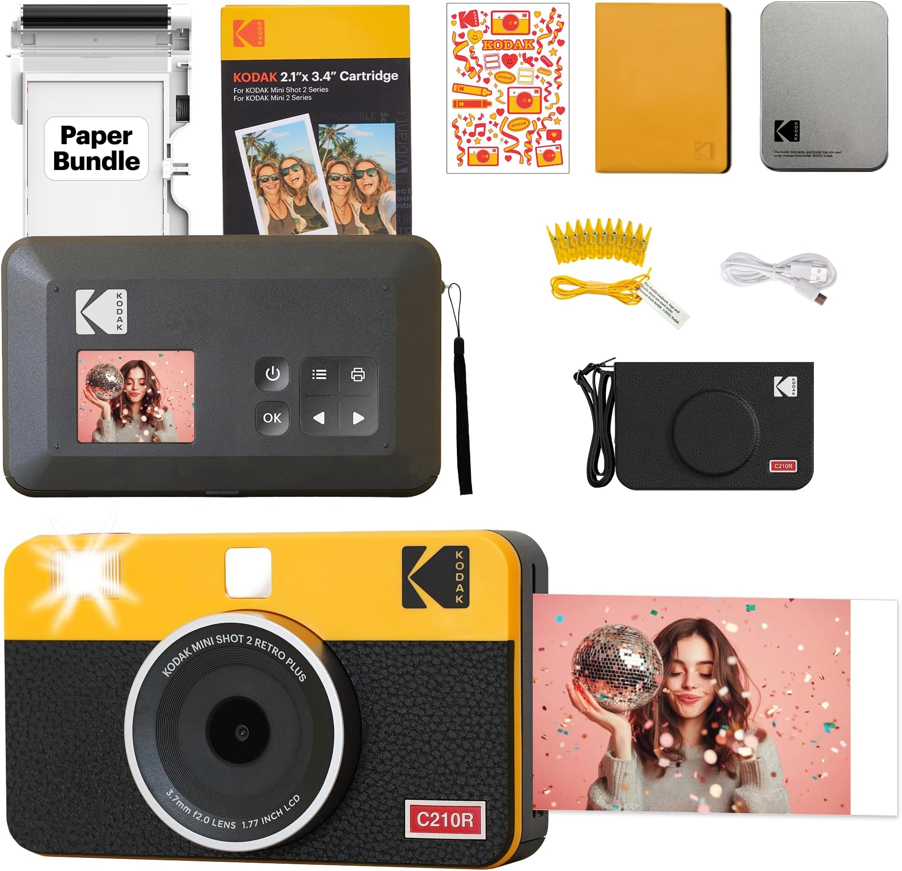 Kodak Mini 2 Retro 4PASS Portable Photo Printer for iPhone & Android, 5.3x8.6cm Instant Prints, 38 Sheet Bundle, Black