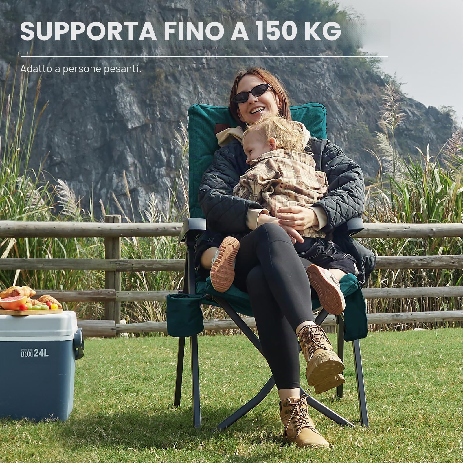 EVER ADVANCED Sedia da campeggio pieghevole con schienale regolabile in 4 posizioni fino a 150 kg, sedia pieghevole spessa 6 cm, imbottita con tasca laterale e porta bevande, sedia da giardino