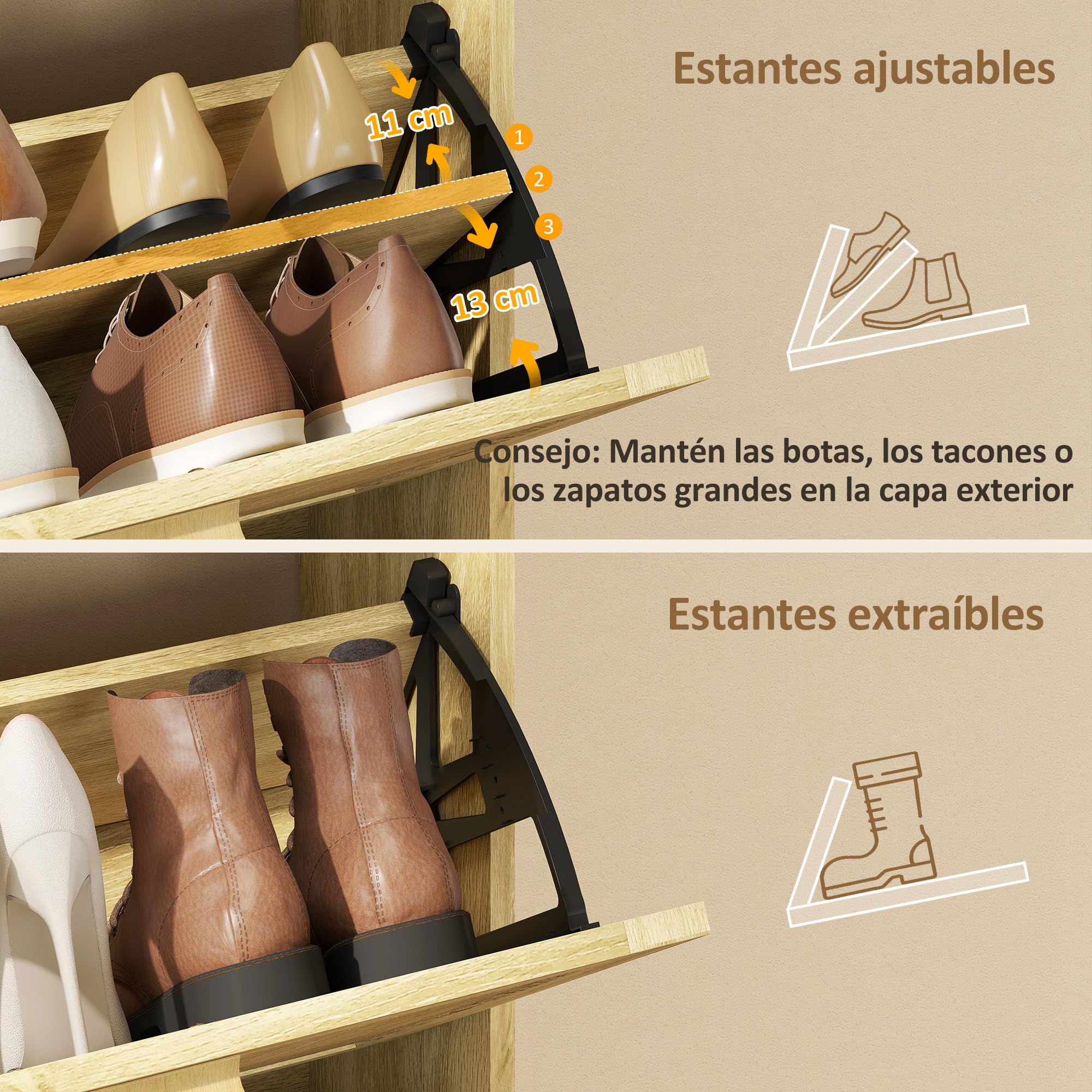 HOMCOM Zapatero Estrecho con 3 Cajones Abatibles, Zapatero de Recibidor Entrada con Estante Abierto, Patas de Madera, para 12-18 Pares de Zapatos, 65x24,5x153 cm, Roble