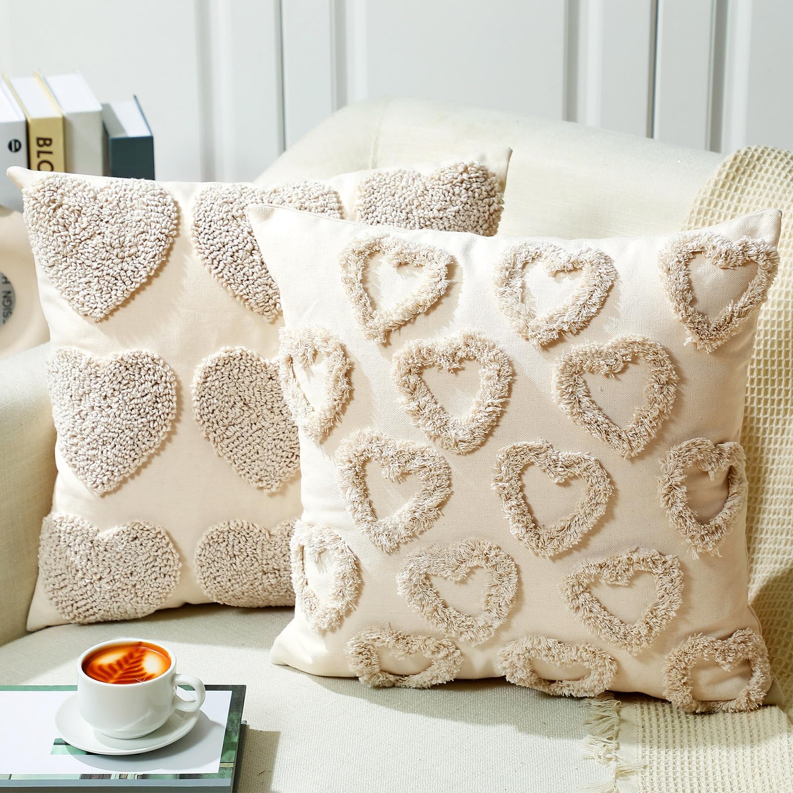 Beeveer 2 Pcs Valentines Throw Pillow Covers with Hearts Decorative Accent Throw Pillow Covers for Couch Sofa Living Room Decor Couple Present Valentine Gift, 18 x 18 Inches