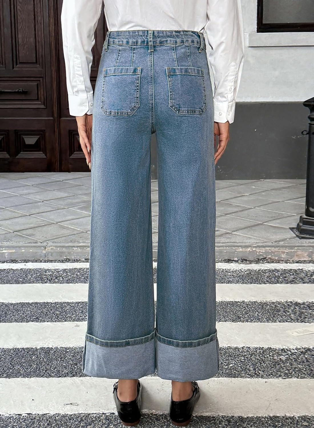 EVALESS Womens Jeans High Waisted Stretchy Cuffed Wide Leg Denim Pants with Pockets