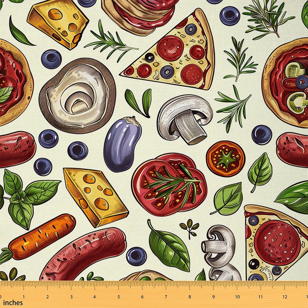 Delicious Pizza Fabric by The Yard Cartoon Mushroom Tomato Onion Cheese Fabric for Kids Sewing Lovers Cartoon Fast Food Vegetables Decor Fabric for