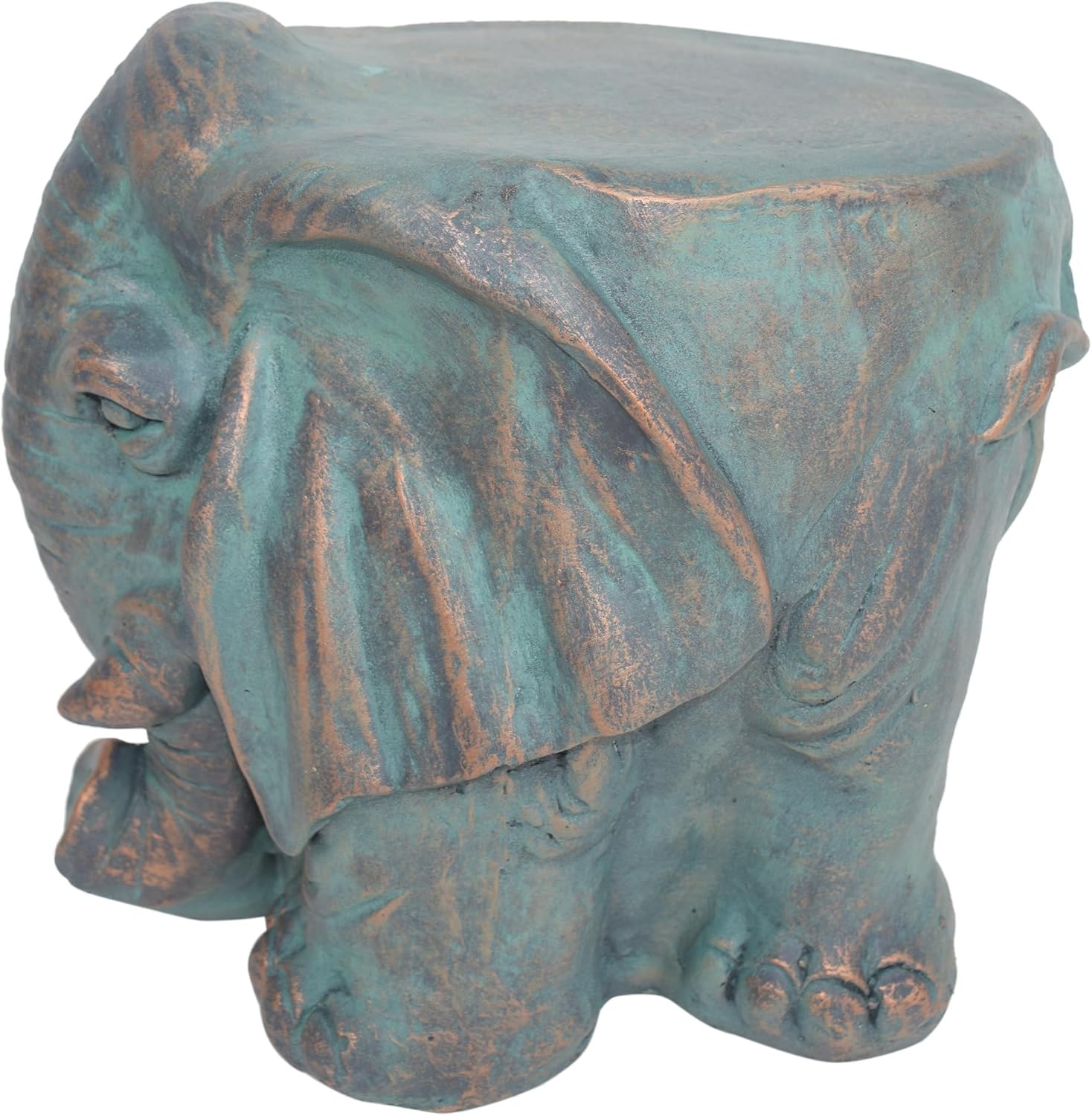 Decorative Elephant Garden Stool, Copper Patina Finish, Indoor Outdoor Accent Table, Weather-Resistant Concrete