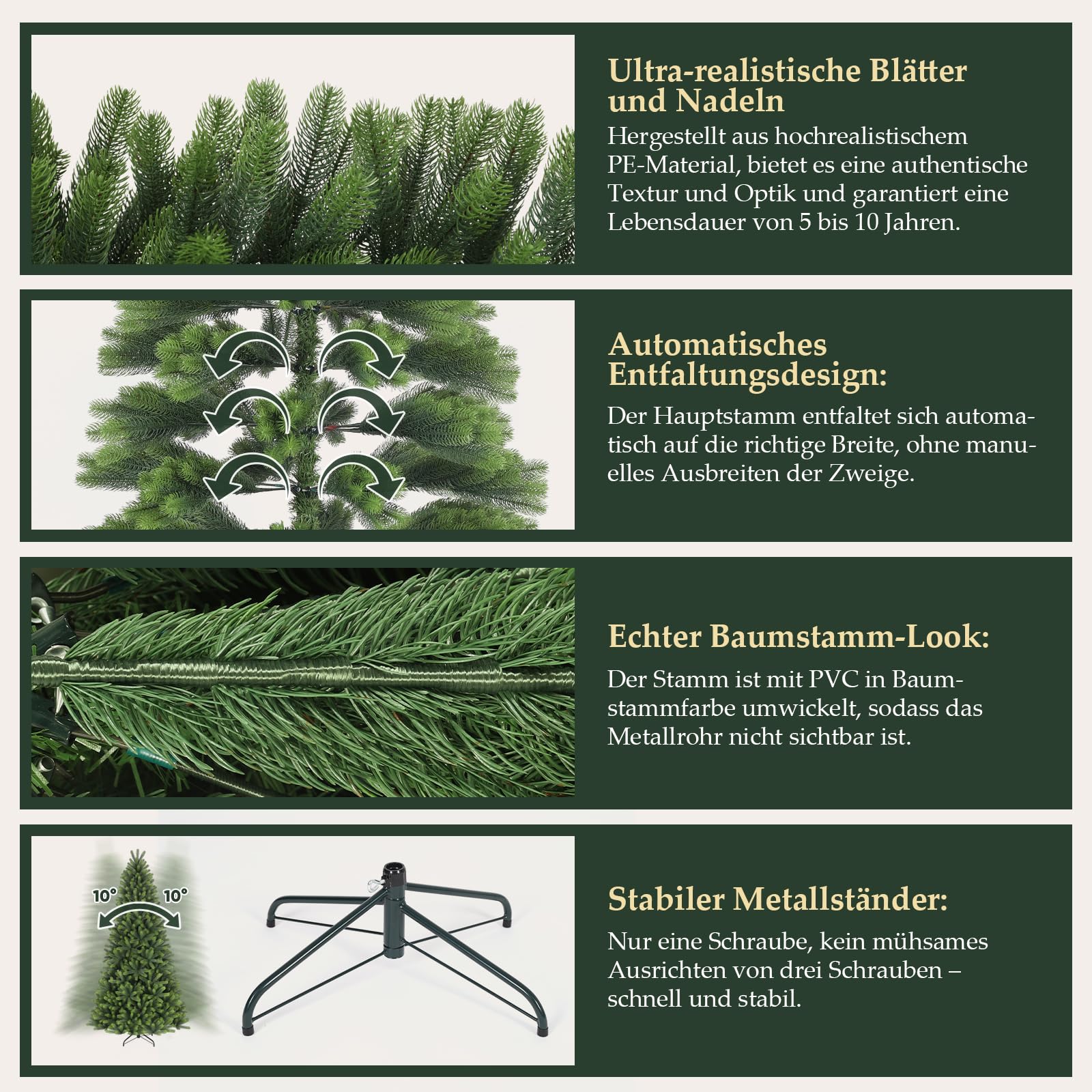 SALCAR Premium Kunst-Tannenbaum 150 cm – Vollständig aus PE – Runde, weiche Nadeln in Naturgrün – Hochwertiger Metallfuß – Edle Weihnachtsdekoration