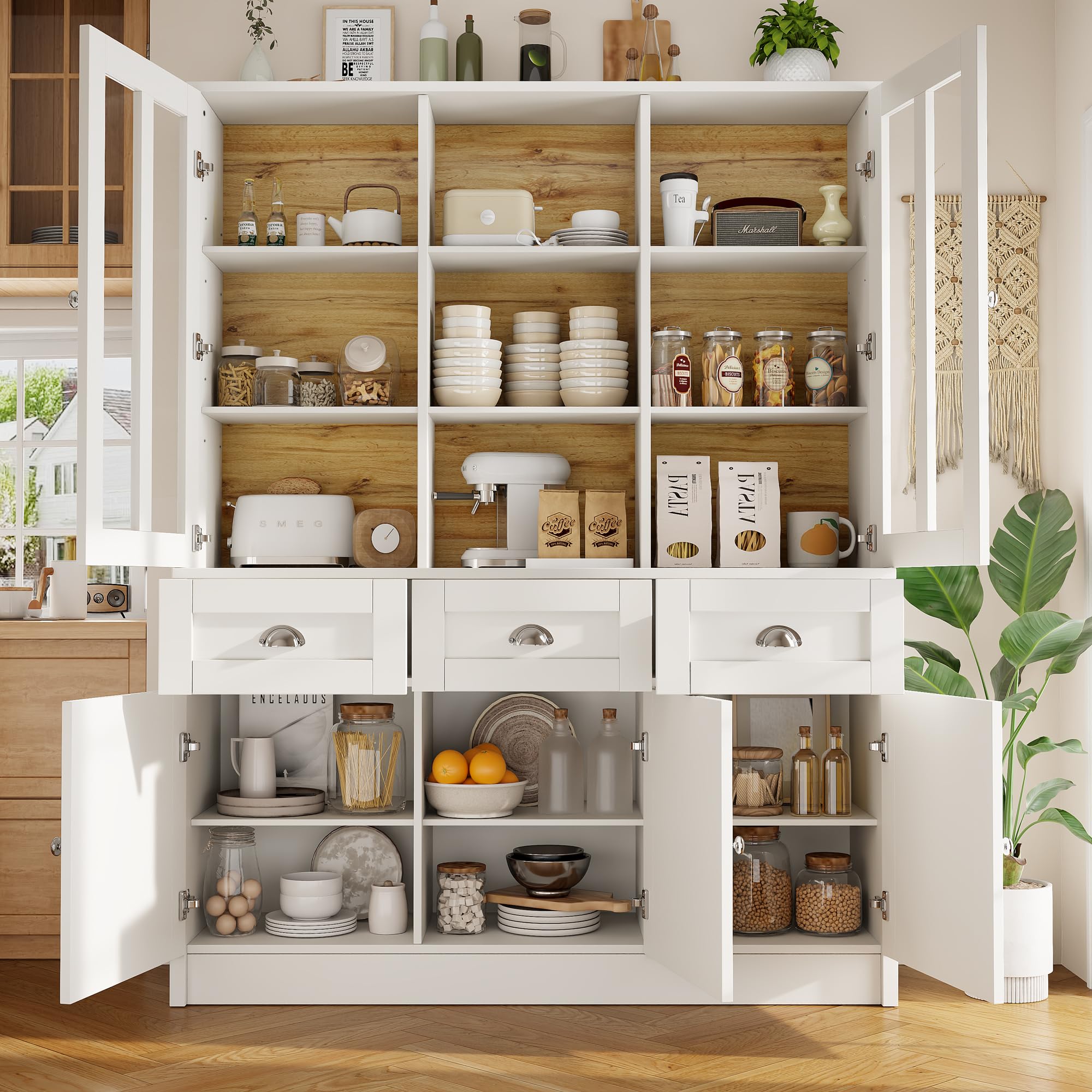 SACOOL Armadio alto 140 x 38,5 x 175 cm, per soggiorno, vetrina, cucina, sala da pranzo con cassetti, moderna e minimalista, per cucina, soggiorno, sala da pranzo, bianco