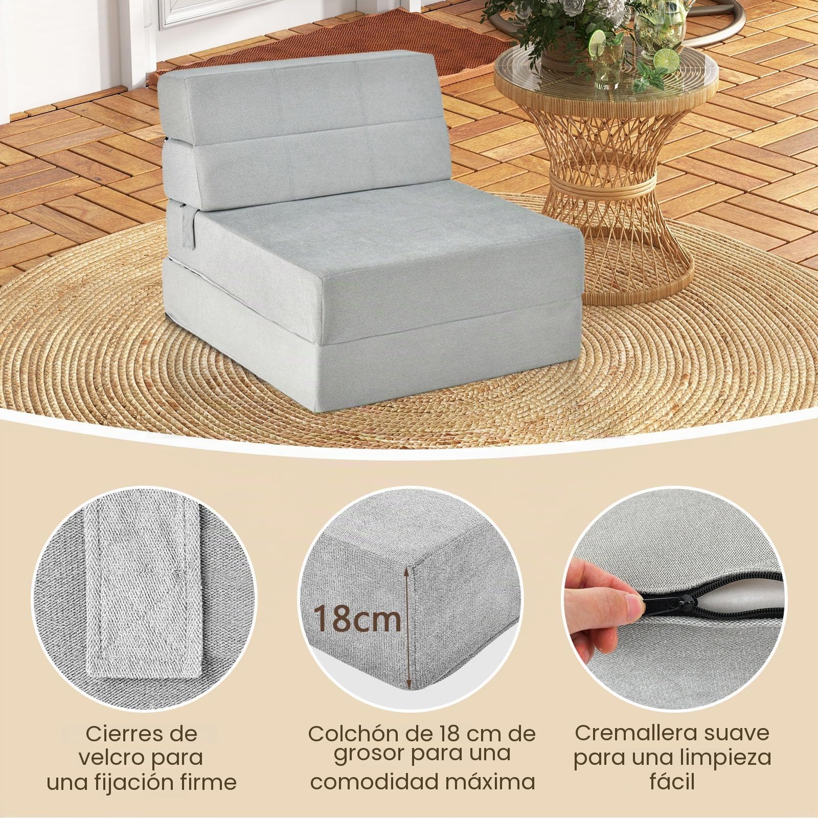 GOPLUS Sofá Cama Plegable 3 en 1, Sillon de Suelo con Funda Extraíble y Lavable, Colchón Plegable de Espuma de Densidad de 15 cm, Sofá Cama Convertible para Salón, Dormitorio (Gris)