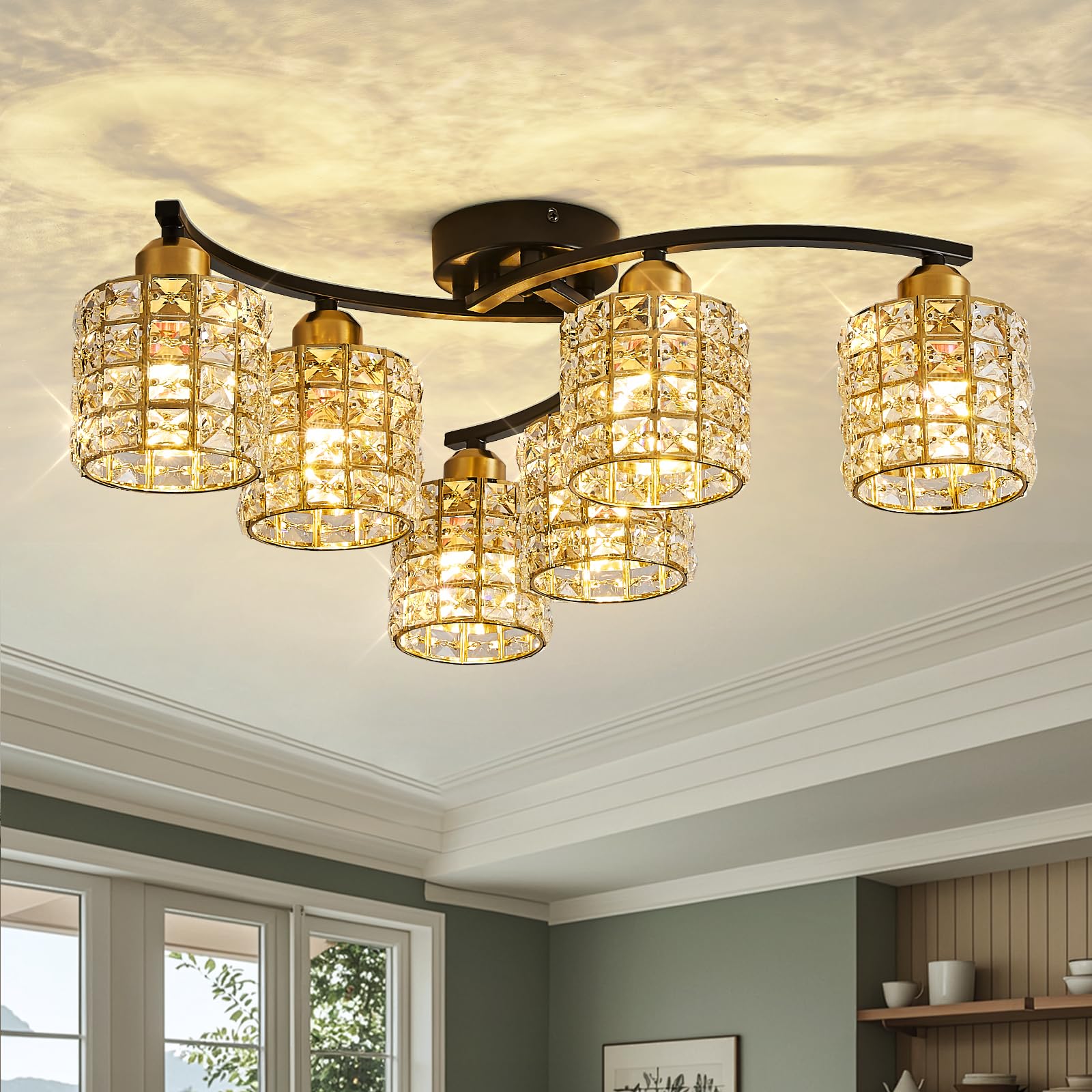 6-Light Ceiling Light Fixtures Crystal Semi-Flush Fixture Black Gold Farmhouse Ceiling Light Luxury Flush Mount Lighting for Dining