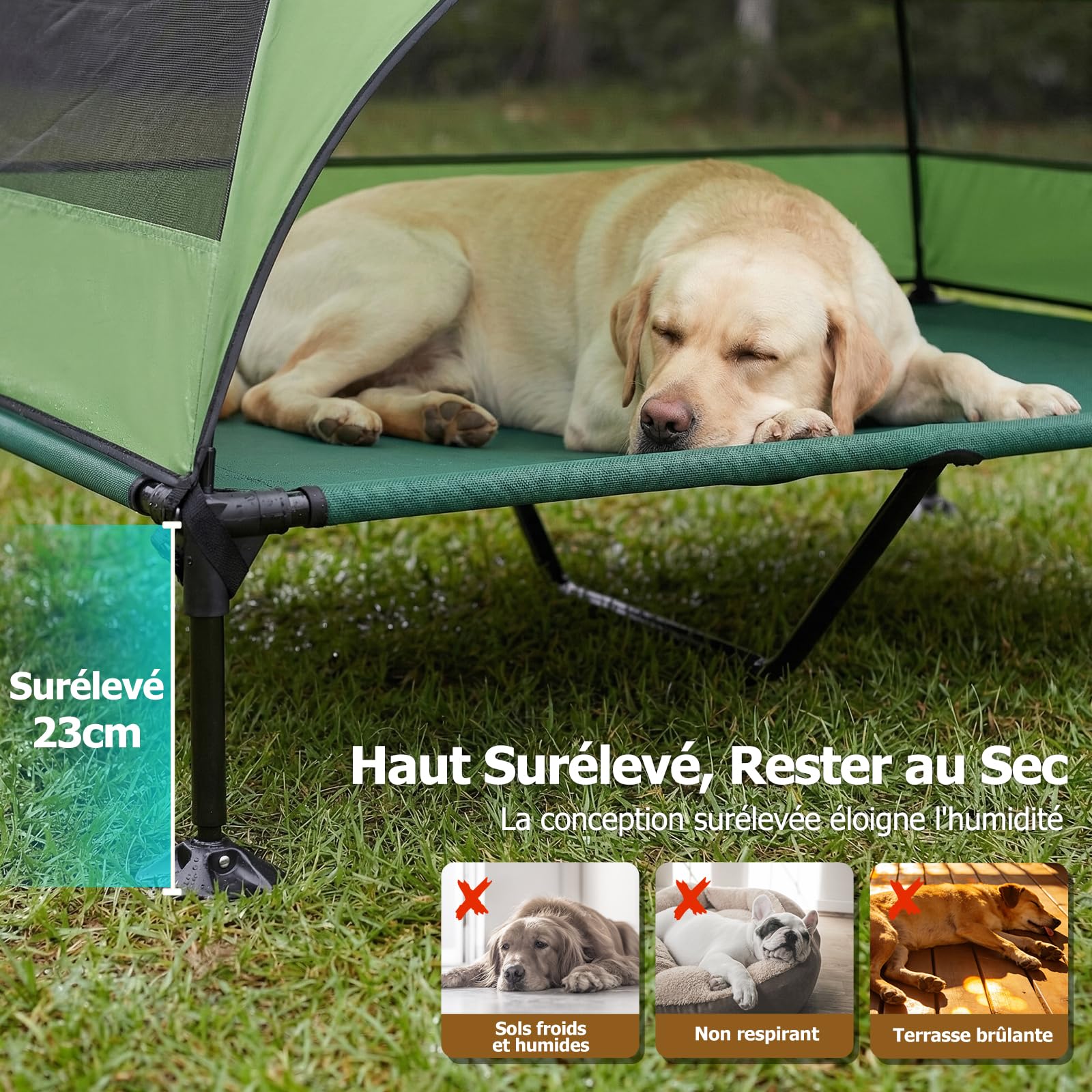 Panier pour Chien Surélevé avec Toit, Pliable avec Pieds Antidérapants, Tente d'extérieur avec Grande Ombre, Lit Rafraîchissant pour Chien, pour Camping, Jardin, Plage et Piscine (Vert, XL)