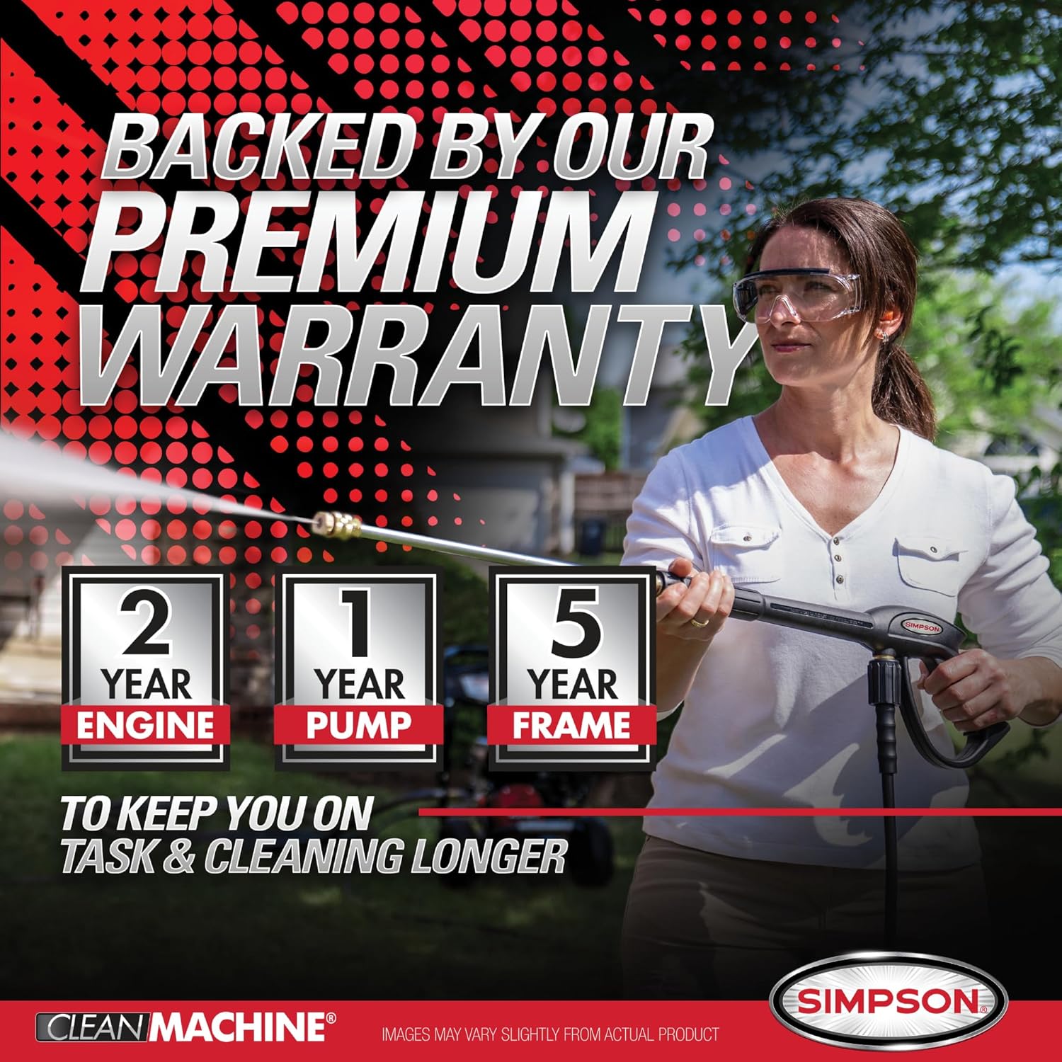 Warranty information for Simpson pressure washer: 2 year engine, 1 year pump, 5 year frame