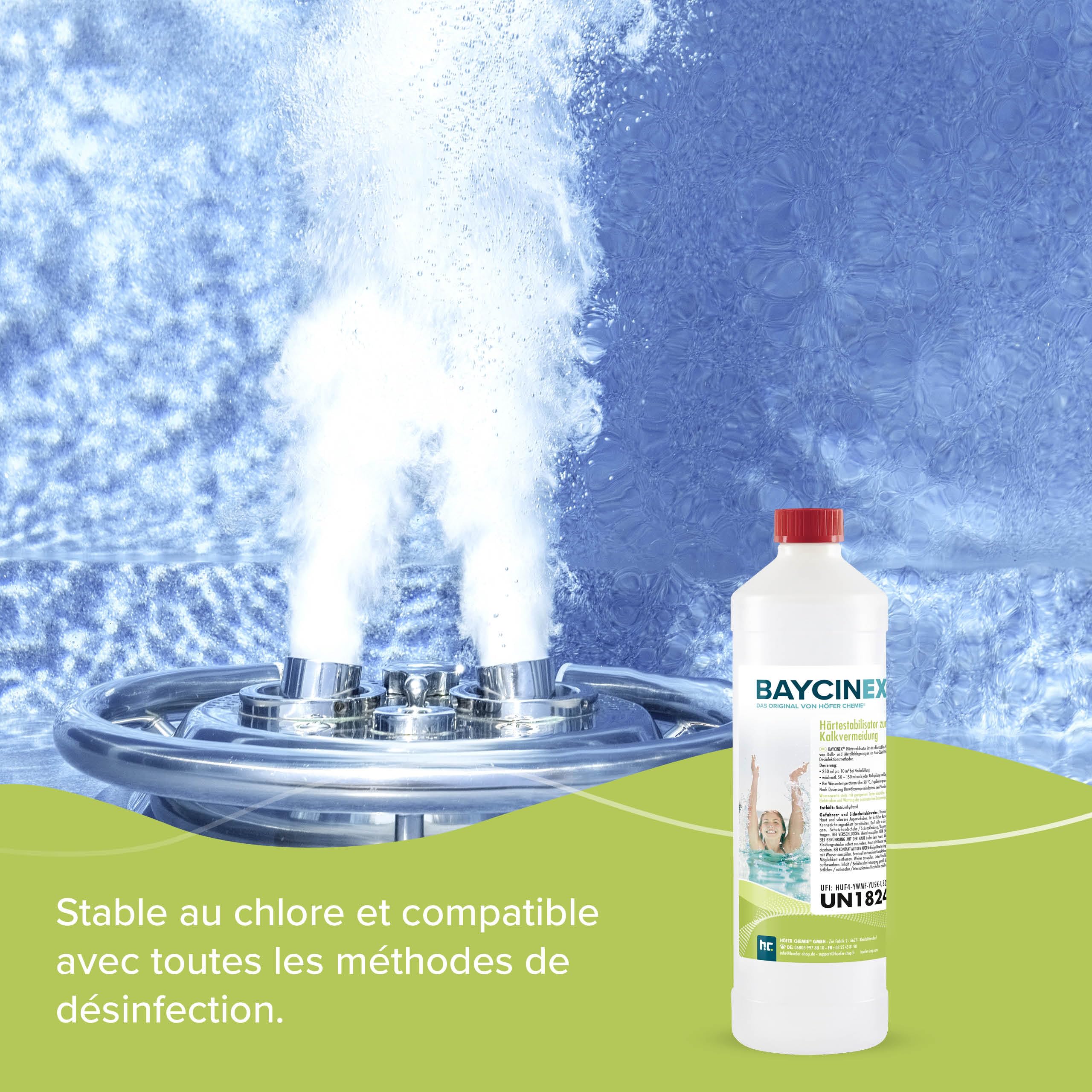 Höfer Chemie 6 x 1 L stabilisateur de dureté à Action Anti-calcaire | Prévient les dépôts calcaires et métalliques, les colorations et l’eau trouble – formule liquide stable au chlore