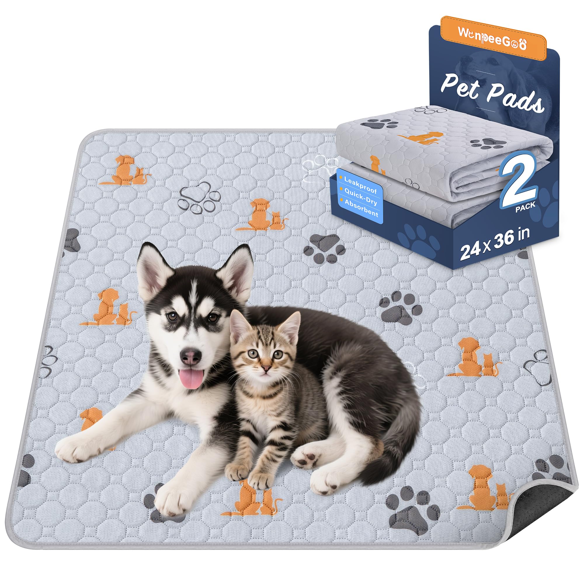 WanpeeGoo Washable Pee Pads for Dogs, 2 Pack Absorbent Reusable Training Dog Pads Pet Puppy Pads, Non-Slip Potty Pads for Whelping, Playpen, Crate,