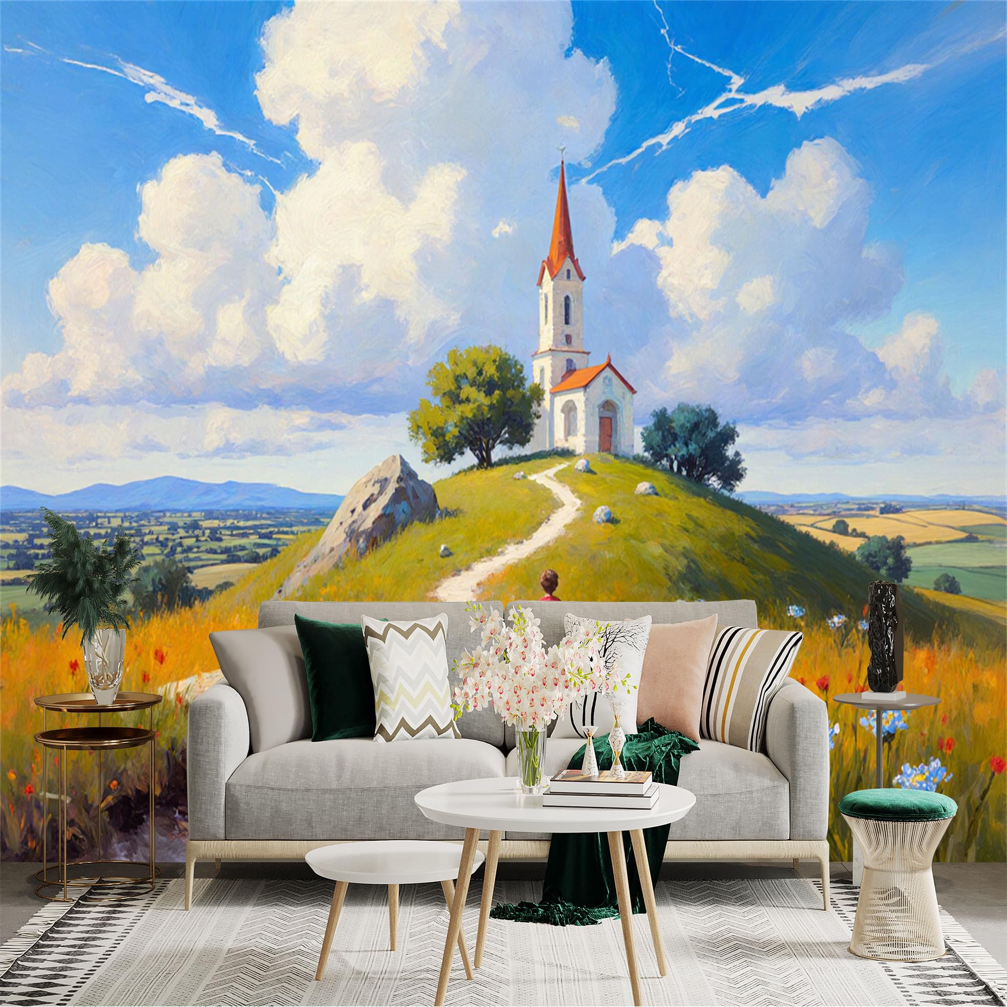 Lnzczhyre Xc260505322 Custom Size Wall Sticker Mural， Scenic Hilltop Chapel， Countryside Meadow Path， Vibrant Oil Painting Style， Sunny Landscape View， For Wall Decoration， Peelandstick Wall Decals.