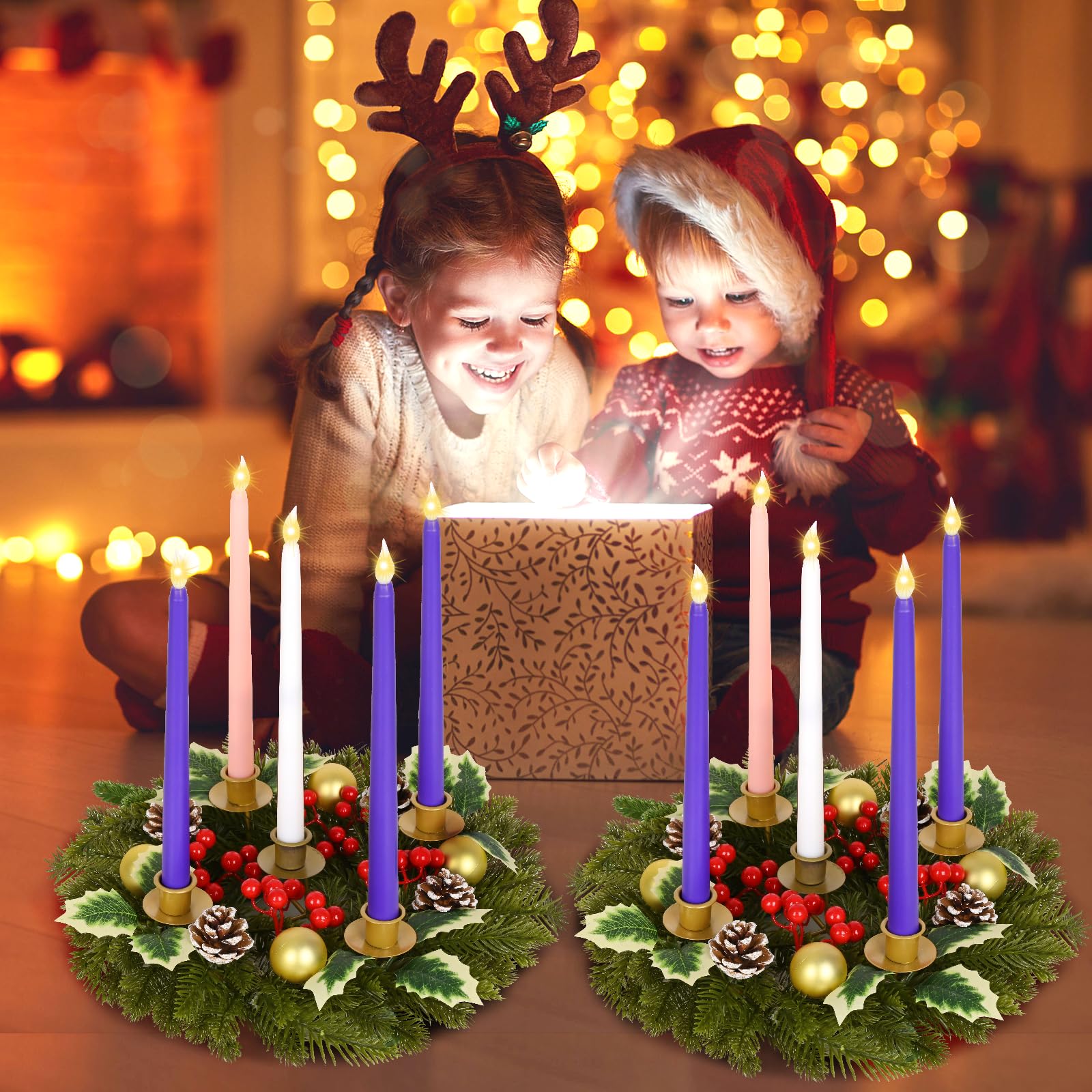Waipfaru Lot de 6 couronnes de l'Avent avec 5 bougies artificielles sans flamme, couronne de l'Avent de 30,5 cm et ensemble de bougies, décorations de table pour table, intérieur, maison, église