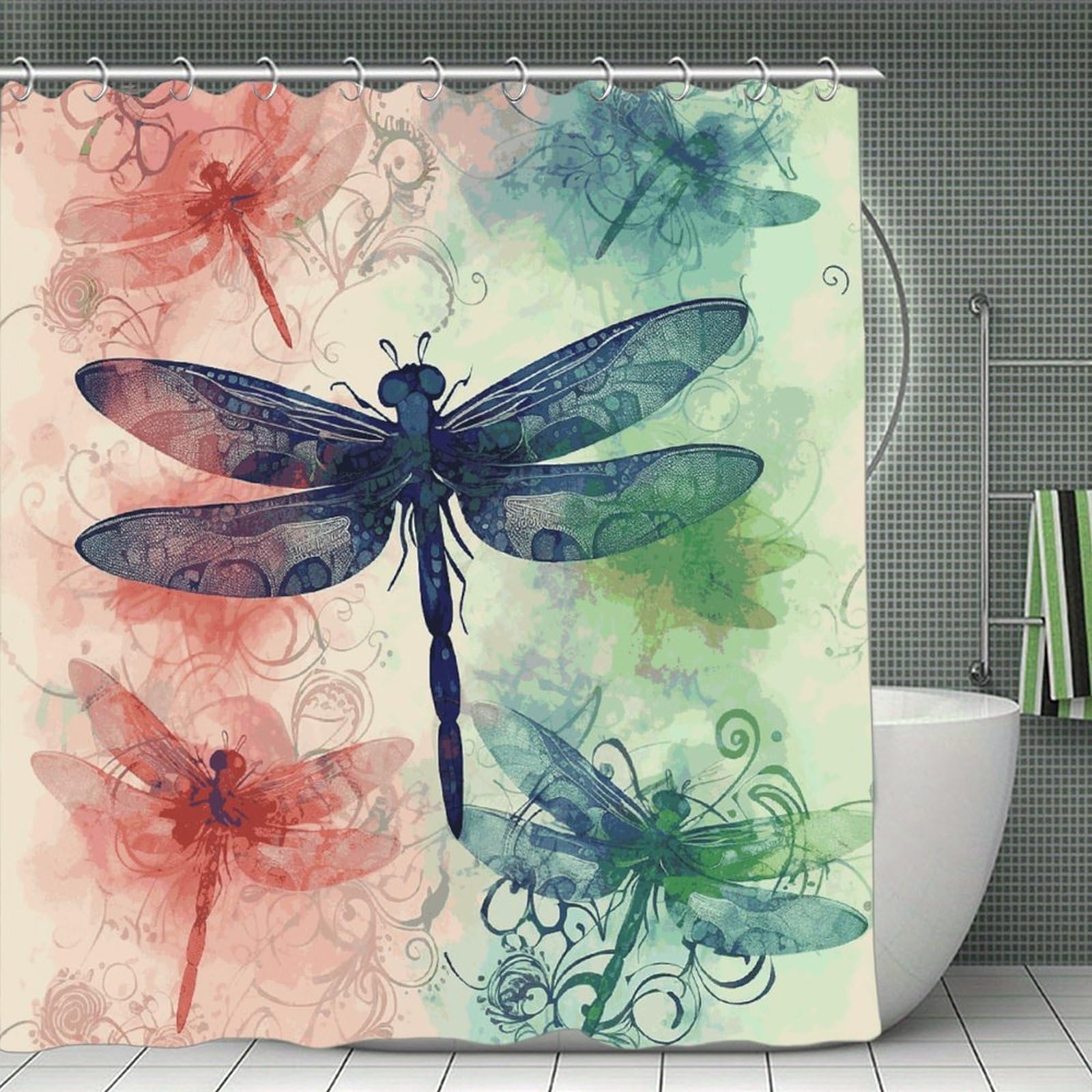JTREHY Modern Dragonfly Shower Curtain Waterproof Bathroom Shower Curtain Machine Washable Bath Curtains Polyester Cloth Bath Curtains for Bathroom Showers 70.8×70.8Inch