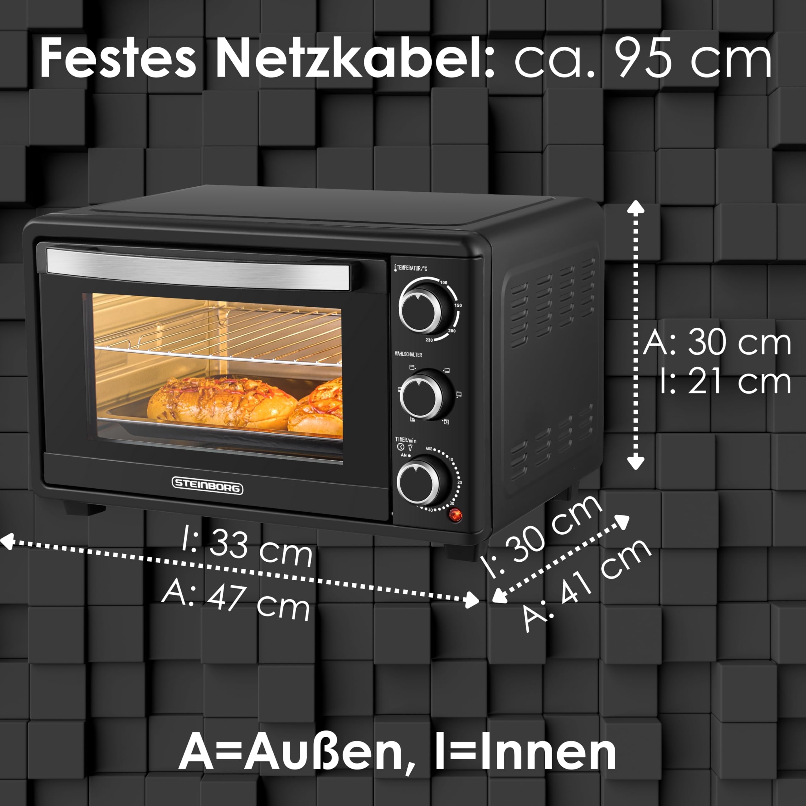 Steinborg Mini Backofen mit Umluft 25 Liter Elektrischer Pizzaofen Minibackofen Miniofen 3in1 Backofen Krümelblech Ober-/Unterhitze Energiesparend 100-230°C 60 Min Timer