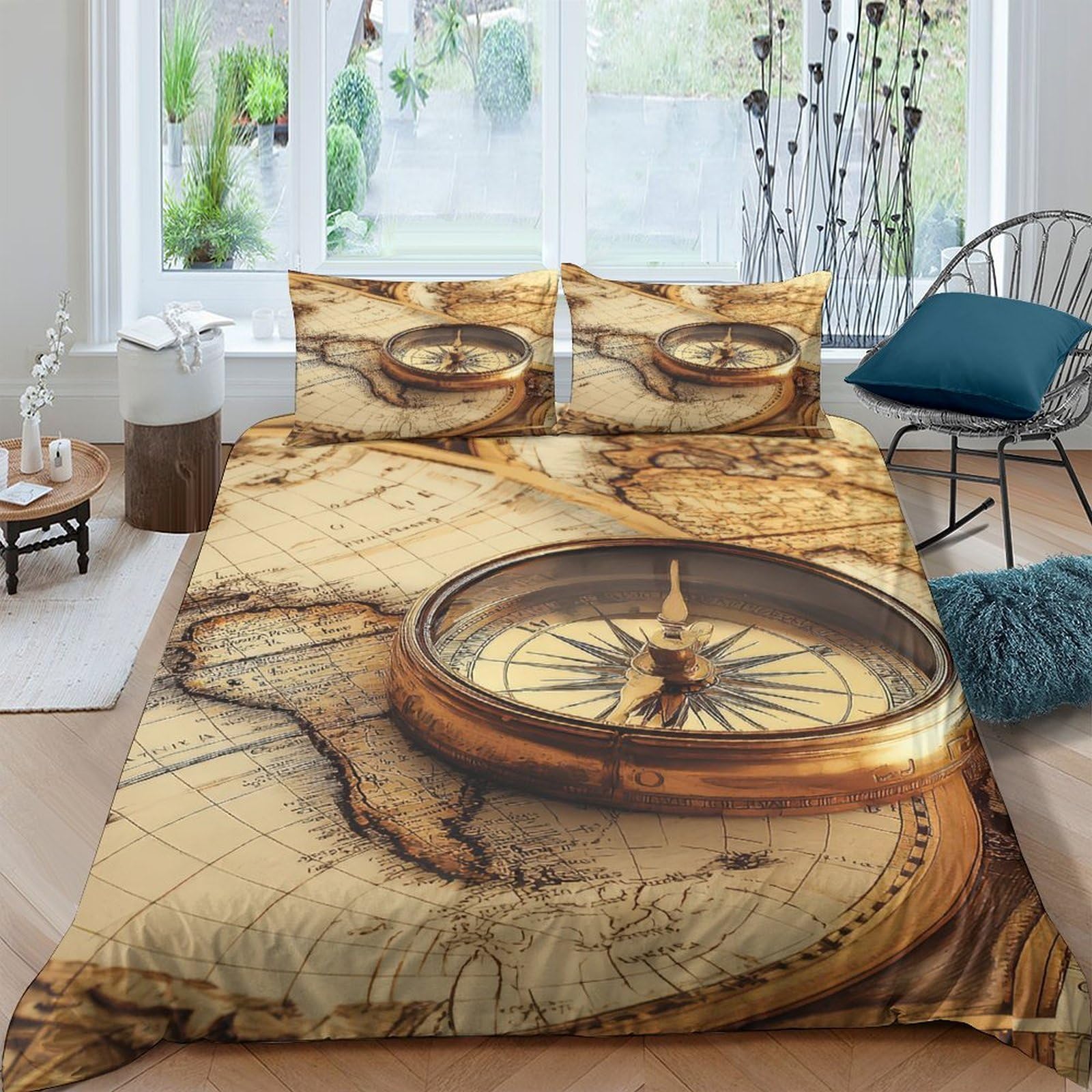 Ctjqhvkz Style-10 3D Printed Vintage Compass Fitted Sheet Microfiber Soft Breathable Old Map Bed Cover For Bedroom Guestroom Decor Single（135X200cm）