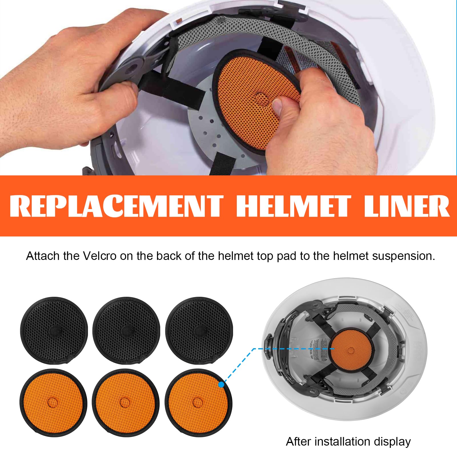 Almohadilla para parte superior dura para sombrero, inserto de casco duro refrescante/forro/cojín de repuesto para cascos, banda lavable para el sudor, accesorios de suspensión (naranja, paquete de 6)