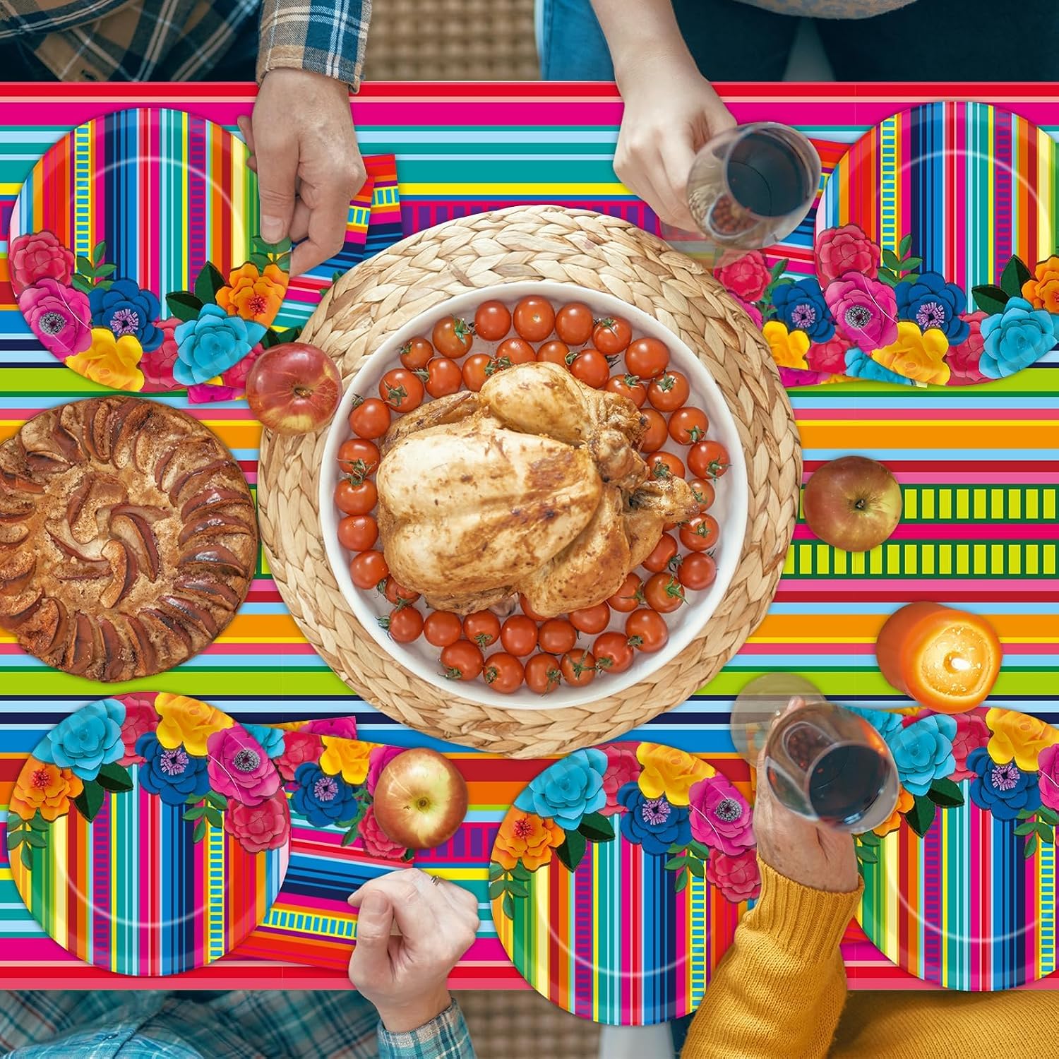 Mexican Party Decorations Fiesta Party Plates and Napkins Taco Birthday Supplies Mexican Paper Cake Dessert Disposable Tableware Set Table Cover Flowers Fiesta Tablecloths
