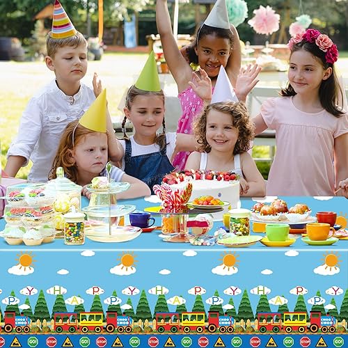 Miniatura 6 de gisgfim 3 manteles de tren de plástico, suministros de fiesta de cumpleaños, decoración de fiesta de tren, funda de mesa desechable para niños,
