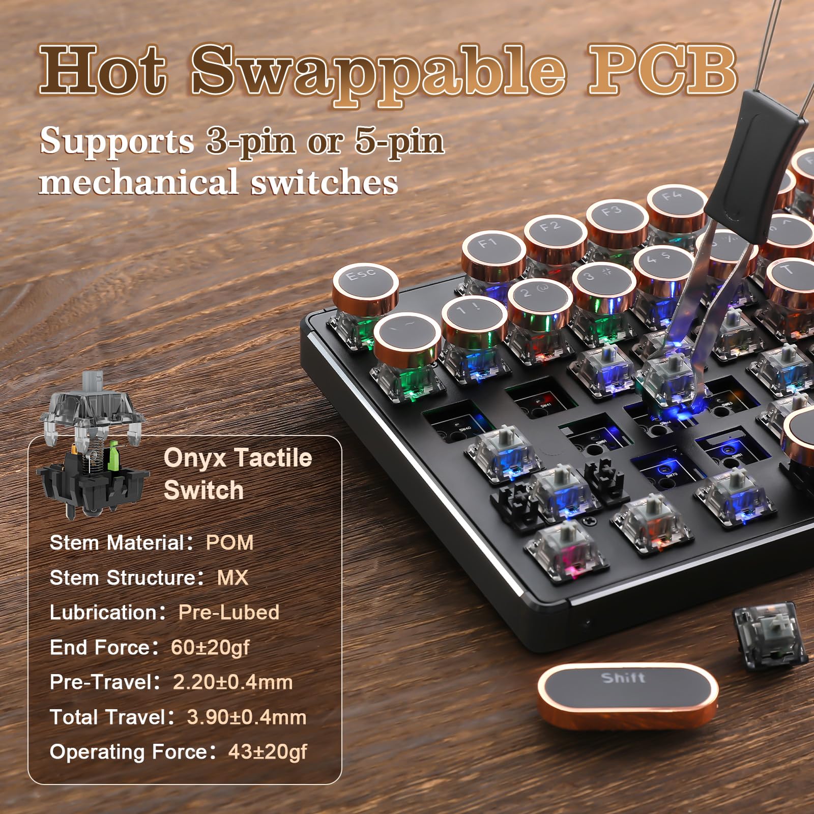 YUNZII QL108 Teclado Mecánico Gaming Estilo Máquina de Escribir, Retroiluminado RGB Hot-Swap, USB con Teclas Redondas Retro y Panel Metálico Teclados PC (Negro, Onyx Tactile Switch)