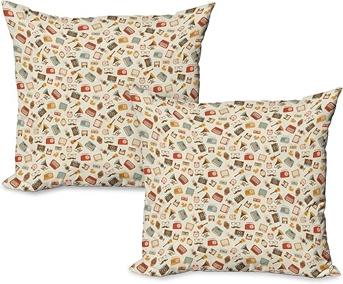 Miniatura 8 de Ambesonne Juego de 2 fundas de cojín vintage con patrón retro, reloj despertador, máquina de escribir, gramófono, radio, casete con cremallera,