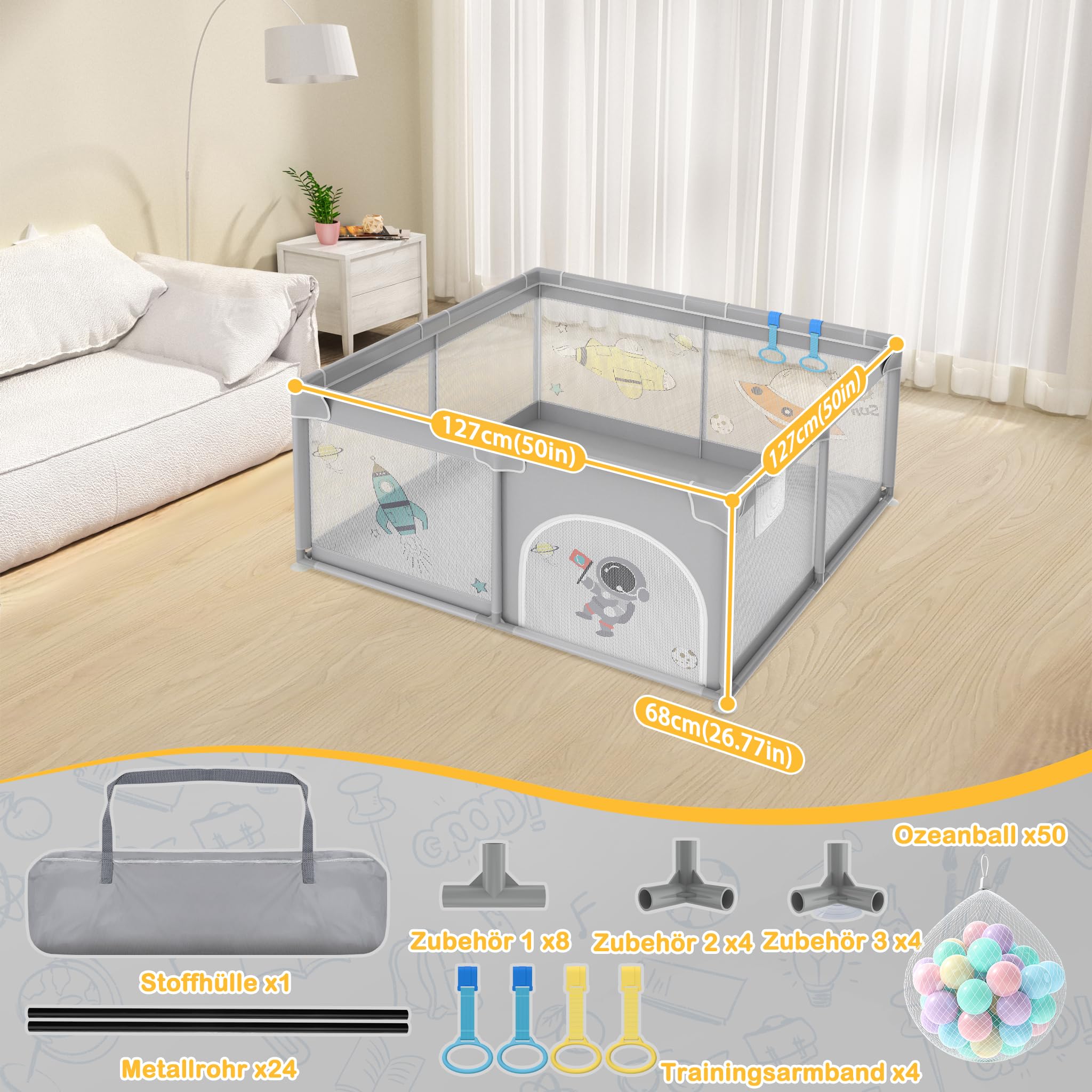 XMTECH Kojec dla niemowląt, przenośny, z 50 piłkami do zabawy, 127 cm x 127 cm x 68 cm, kratka ochronna z oddychającą siatką i zamkiem błyskawicznym i 4 pierścieniami do ciągnięcia (szary z motywami