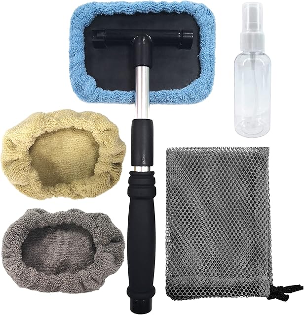 POLYTE Pivoting Windshield Glass Cleaning Tool Extendable Aluminum Handle w/3 Premium Microfibre Covers
