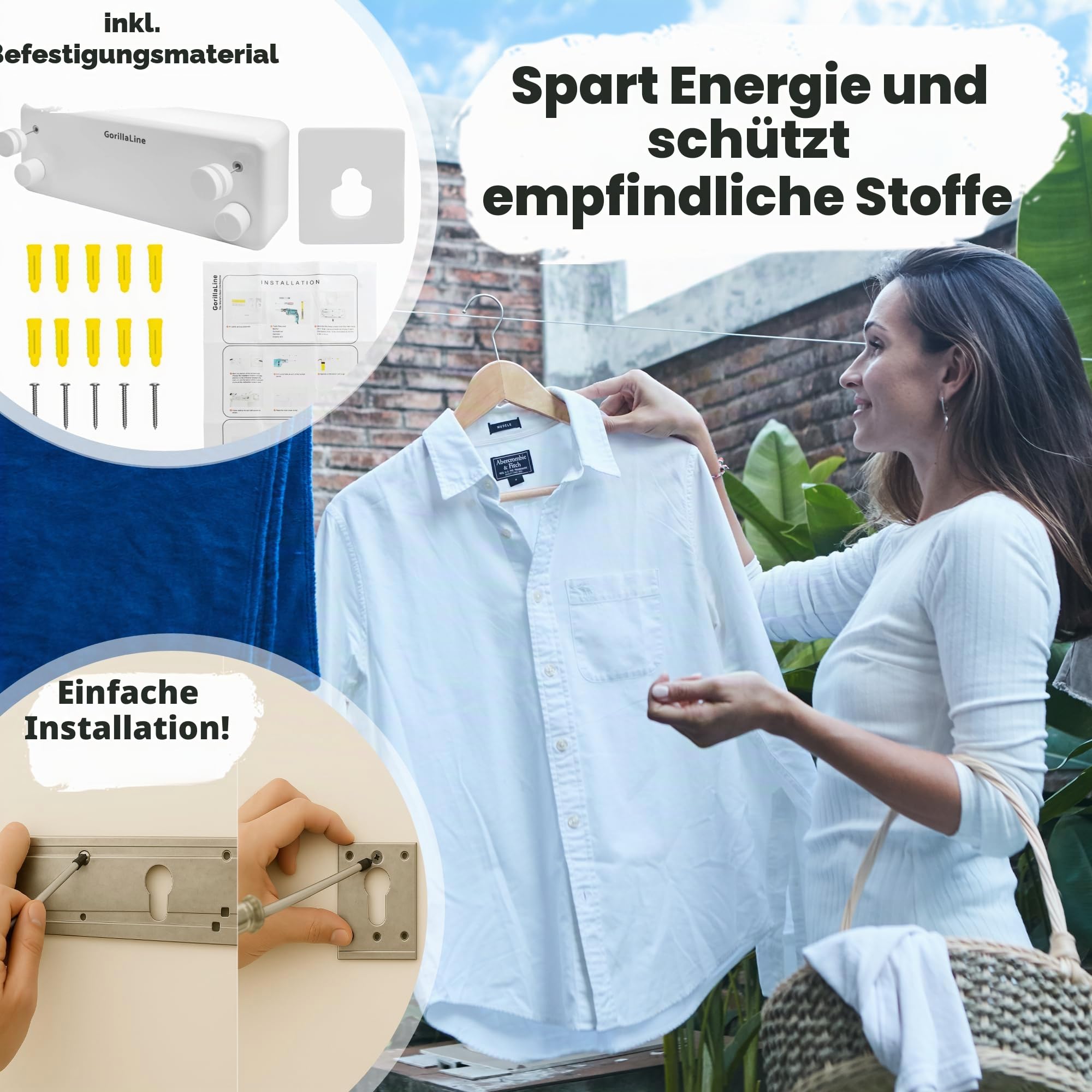 GorillaLine - Premium Heavy Duty Wäscheleine Für Wandmontage, Ausziehbarer Edelstahl Wäscheständer Zum Aufhängen