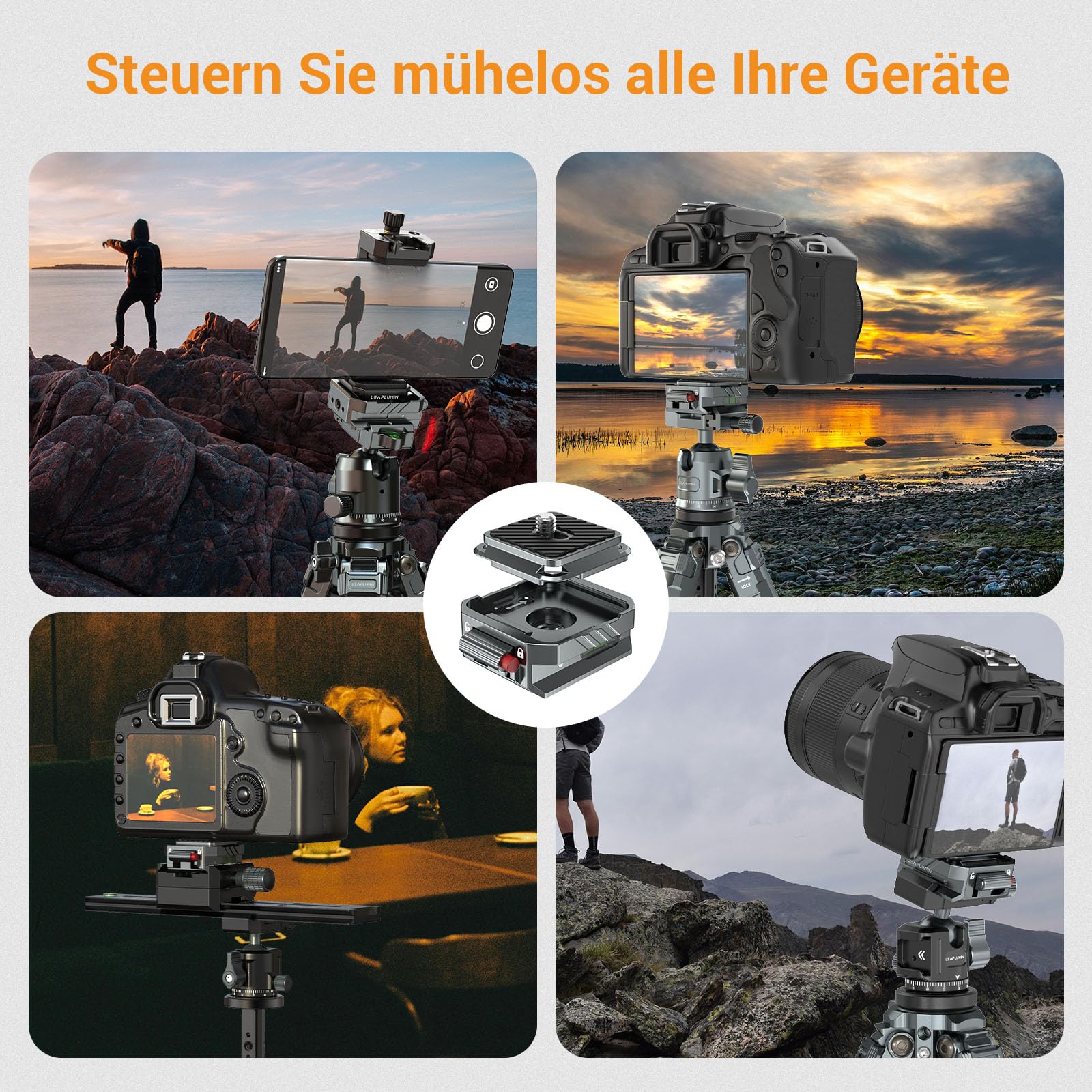 Kamera Schnellwechselplatten Kit – Arca Swiss Kompatible Aluminium Quick Release Plate mit Doppelsicherung & Auto-Lock Schnellverschluss – QR Klemme für DSLR, Stativ & Videokamera